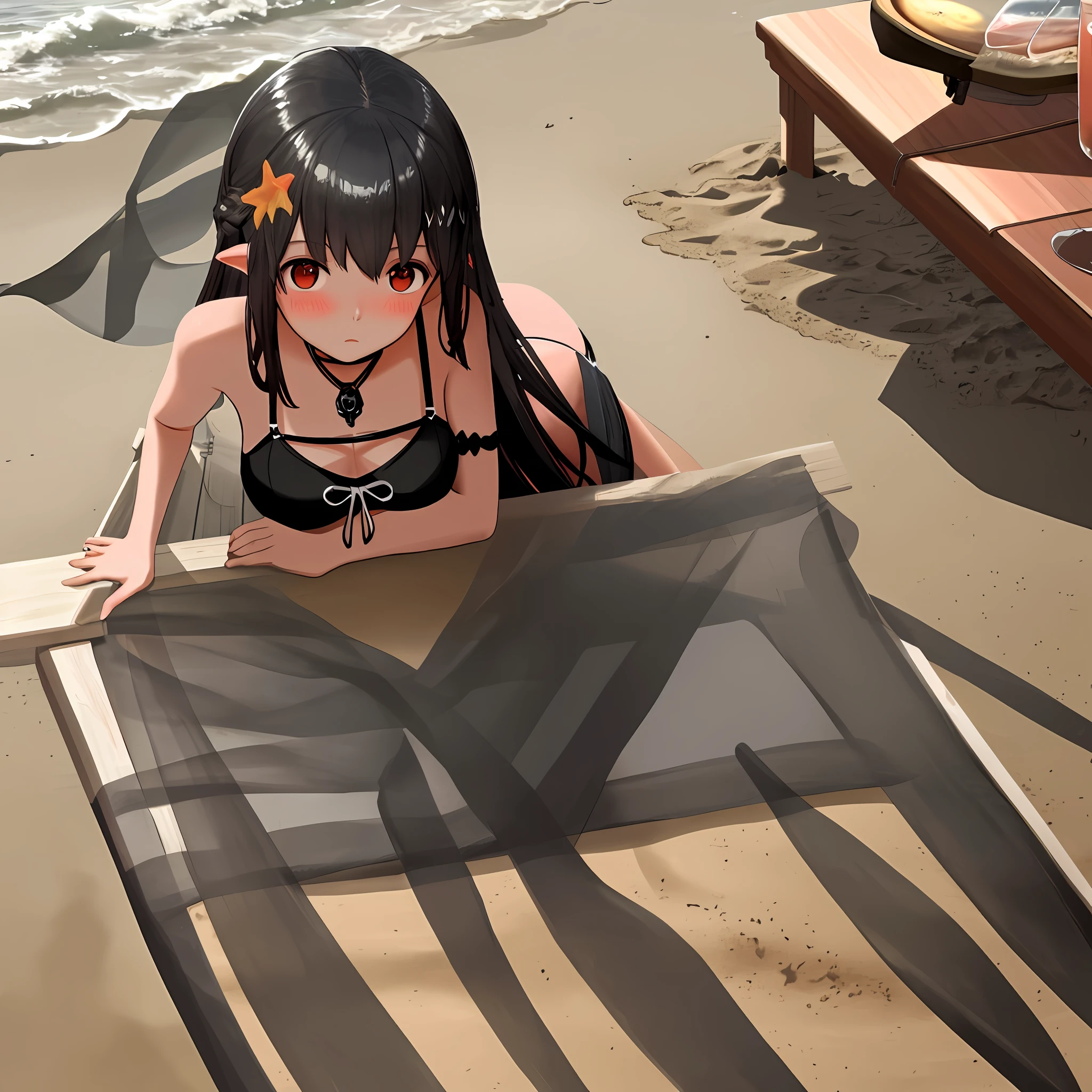 sunset, beach, black swimsuit, girl, trot, low tide, reef, blush, long black hair, shyness, laugh, deck chair, sand, sea reflection, evening, drink, 1girl, shiny eyes, very detailed,