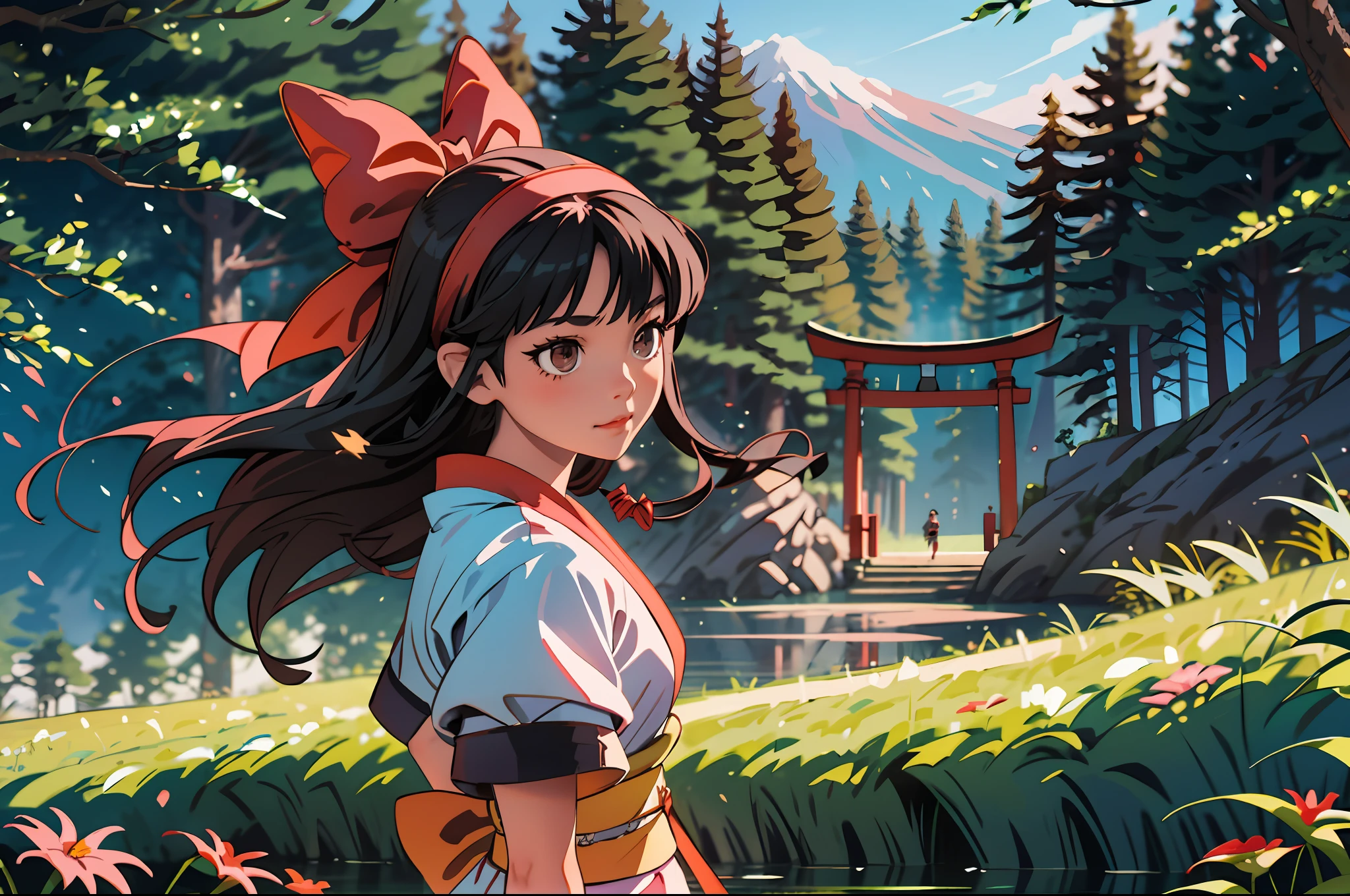 masterpiece, best quality,1girl, red bow, bow, long hair, hair bow, ainu clothes, solo, hairband, black hair, fingerless gloves, short sleeves, gloves, sash, pants, bangs, red hairband, weapon, breasts, brown eyes, white pants, japanese clothes, nakoruru, light smile, officials art, good composition,m, detailed portrait, portrait, bokeh, forest with river, sun behind back, pencil style, traditional brush, samurai, onmyoji style, high resolution, dramatic lighting and shadow, sun flared, blurry foreground, blood plashing around, looking at viewer, hands behind back, hands not in view, face shading, strong lighting, dim light, nostalgia look, dramatic hair, shinto gate behind, masterpiece
