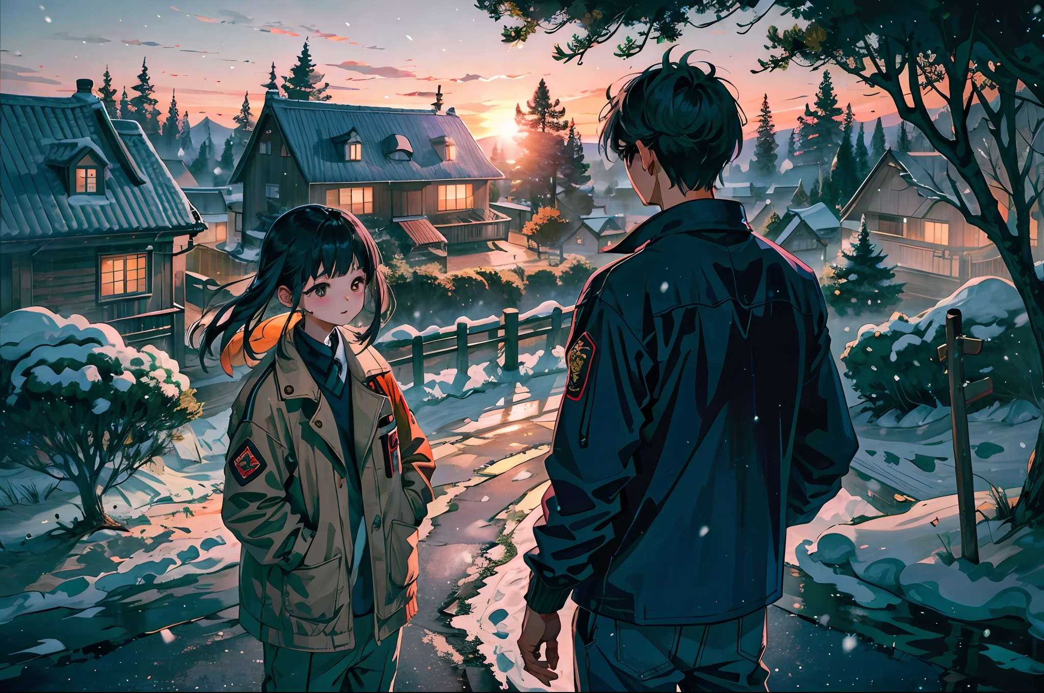 An Asian girl and an Asian boy, Stand in front of a house in the countryside. There is also a big tree in front of the house, The sky was covered with explosive snow, The boy is beautifully dressed, The girl wears a patched cotton jacket and cotton pants, The two men looked at each other, black hair, smile, light blush, mole under eye, cinematic lighting, lens flare, cowboy shot, UHD, masterpiece, best quality