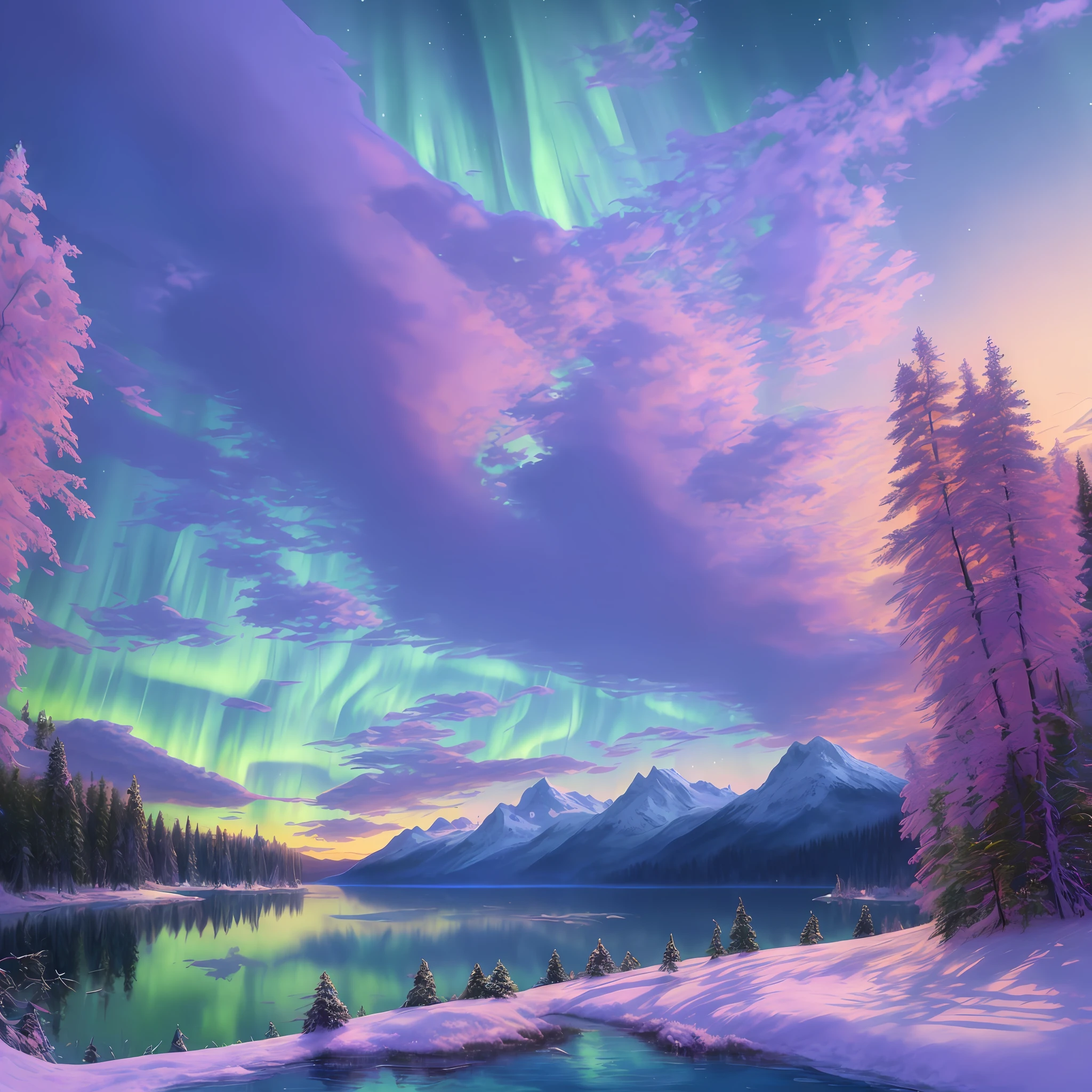 Scene Description: A winter landscape featuring the Northern Lights. The sky is lit up with vibrant colors of green and pink, illuminating the snow-covered ground below. In the distance, there is a frozen lake surrounded by snow-capped mountains.
Modifiers: Cold, ethereal, vibrant, highly detailed, sharp focus, majestic, mystical, aurora borealis, snow-covered mountains, frozen lake.
Artist or Style Inspiration: Art by Alexei Butirskiy, Ivan Shishkin, or Albert Bierstadt. Landscape paintings from the Romanticism or Realism art movements.
Technical Specifications: 4K UHD image, realistic textures, natural lighting, Unreal Engine 5.