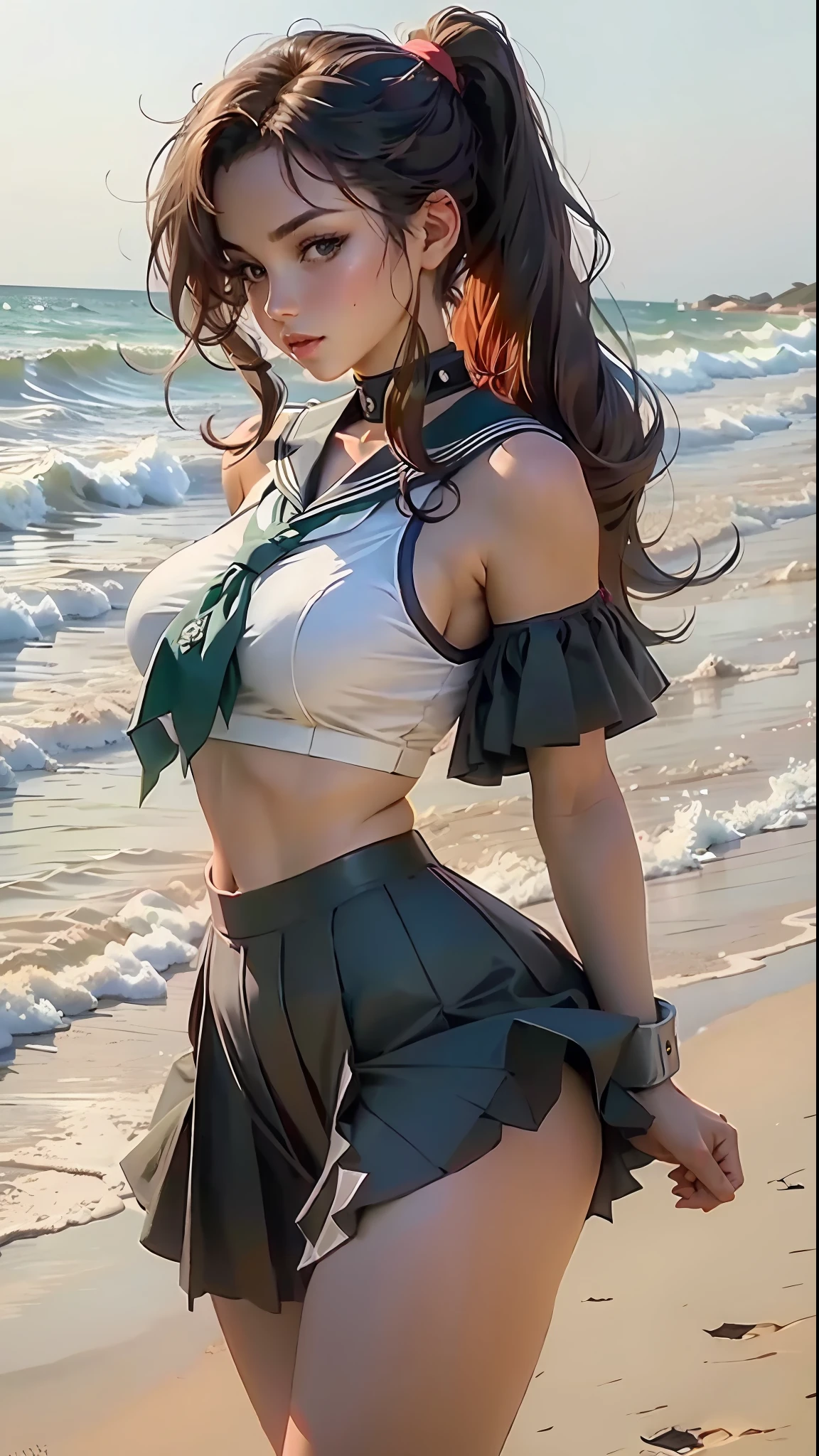 Beautiful woman pony tail hair defined body big breasts, wearing sailor jupiter cosplay