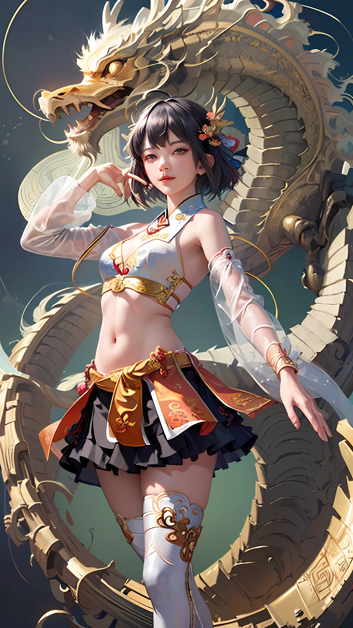 Official Art, Unified 8K Wallpapers, Ultra Detailed, Beautiful and Aesthetic, Masterpiece, Best Quality, (Zentangle, Tangle, Entangle), (fractal art: 1.4), 1girl, black hair, Chinese, bare shoulders, short skirt, calf, navel, very detailed, dynamic angle, cowboyshot, (most beautiful form chaos), flowing, (bright colors), oc, (half: 1.2), china, (thangka flying sky: 1.5), (ribbon: 1.3), (dream: 1.5), (hanfu: 1.5), Chinese dragon, Chinese phoenix, (smile: 0.5), (Chinese deity),