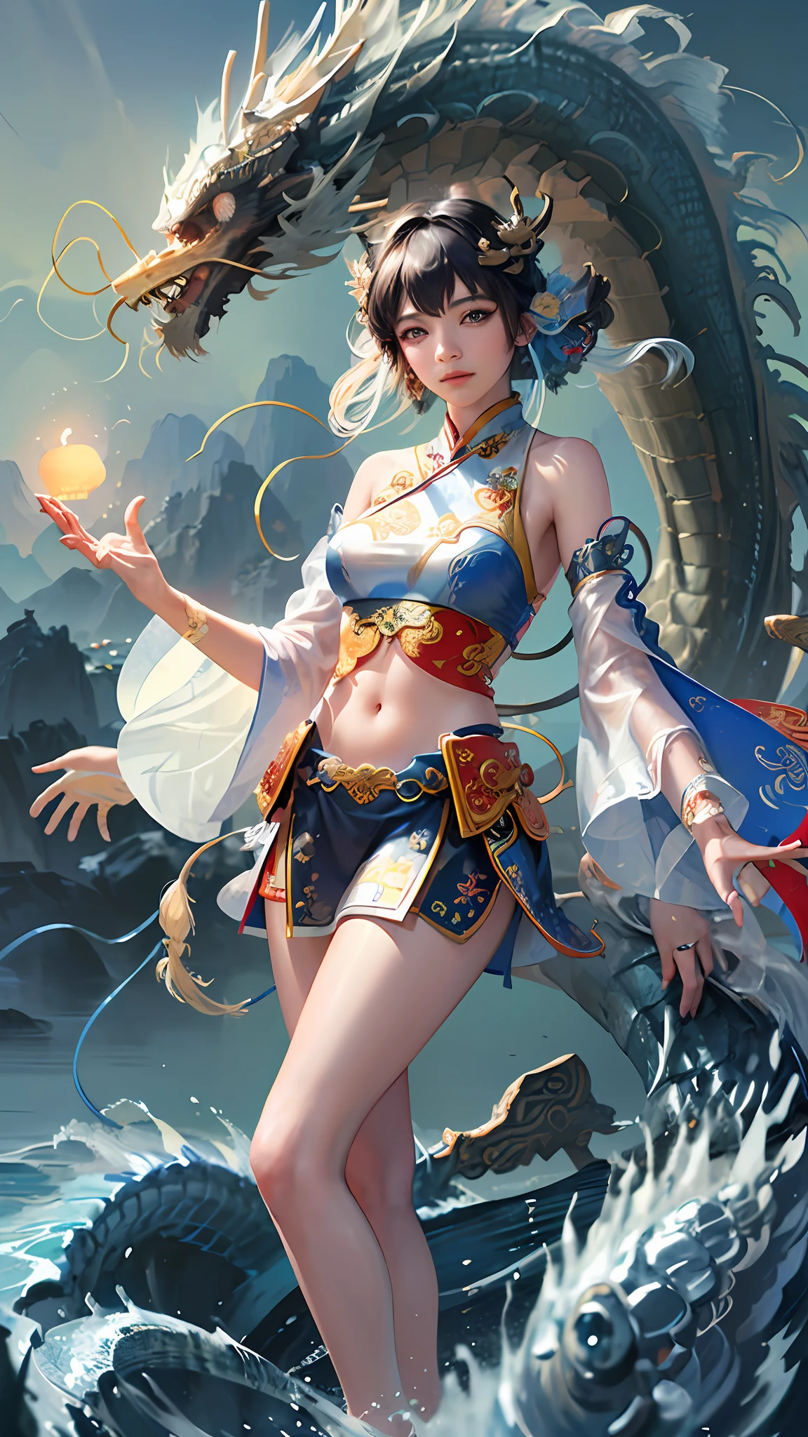 Official Art, Unified 8K Wallpapers, Ultra Detailed, Beautiful and Aesthetic, Masterpiece, Best Quality, (Zentangle, Tangle, Entangle), (fractal art: 1.4), 1girl, black hair, Chinese, bare shoulders, short skirt, calf, navel, very detailed, dynamic angle, cowboyshot, (most beautiful form chaos), flowing, (bright colors), oc, (half: 1.2), china, (thangka flying sky: 1.5), (ribbon: 1.3), (dream: 1.5), (hanfu: 1.5), Chinese dragon, Chinese phoenix, (smile: 0.5), (Chinese deity),