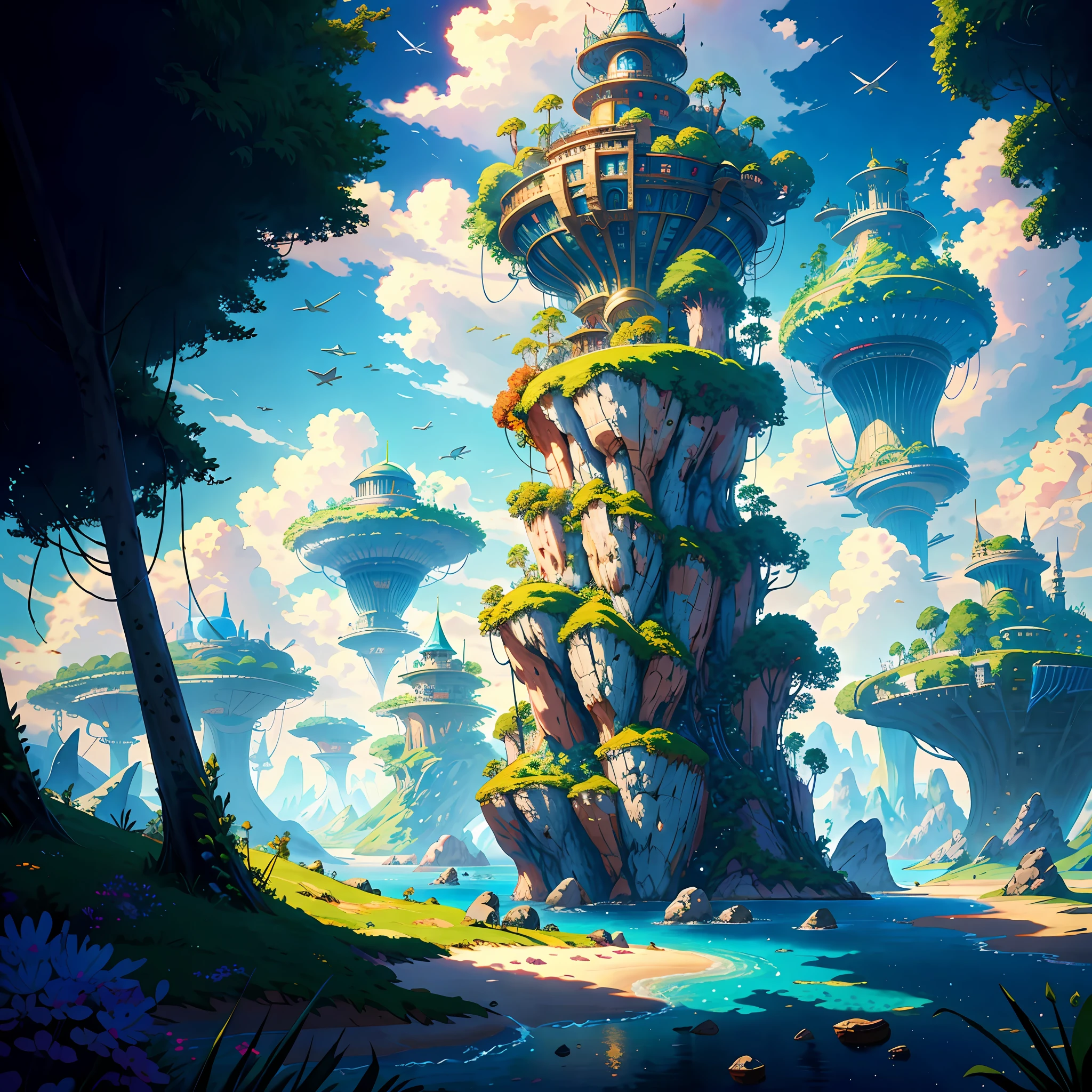 Many islands are suspended in the air with many small airships flying around, cities, fantasy, magical plants growing, extreme details, realistic light, epic composition, (complex details), (complex design, ultra-details :1.2), Art Station, (Masterpiece, Best Quality), Ultra HD, 32k --v 6