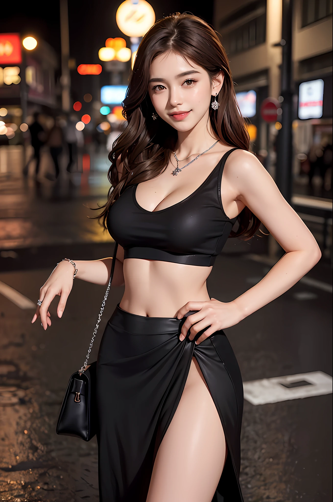 (8K, top quality, masterpiece), (realistic, photorealistic: 1,37), Japan idol, long brown hair, (female beauty: 1.25), black V-neck top crop T-shirt, beautifully toned body, large cleavage, mini skirt, midnight drizzle background, rain-soaked asphalt in Europe, store lights, (charming smile with dimples: 1.2), Princess cut, thin silver necklace and bracelet red.
