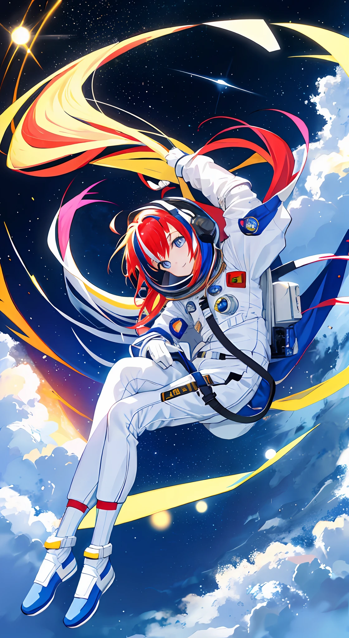 1girl, solo, astronaut suit, long hair, ultra hd, great quality, astronaut, happy, posing, multicolored hair, moon background, (masterpiece: 1.2)
