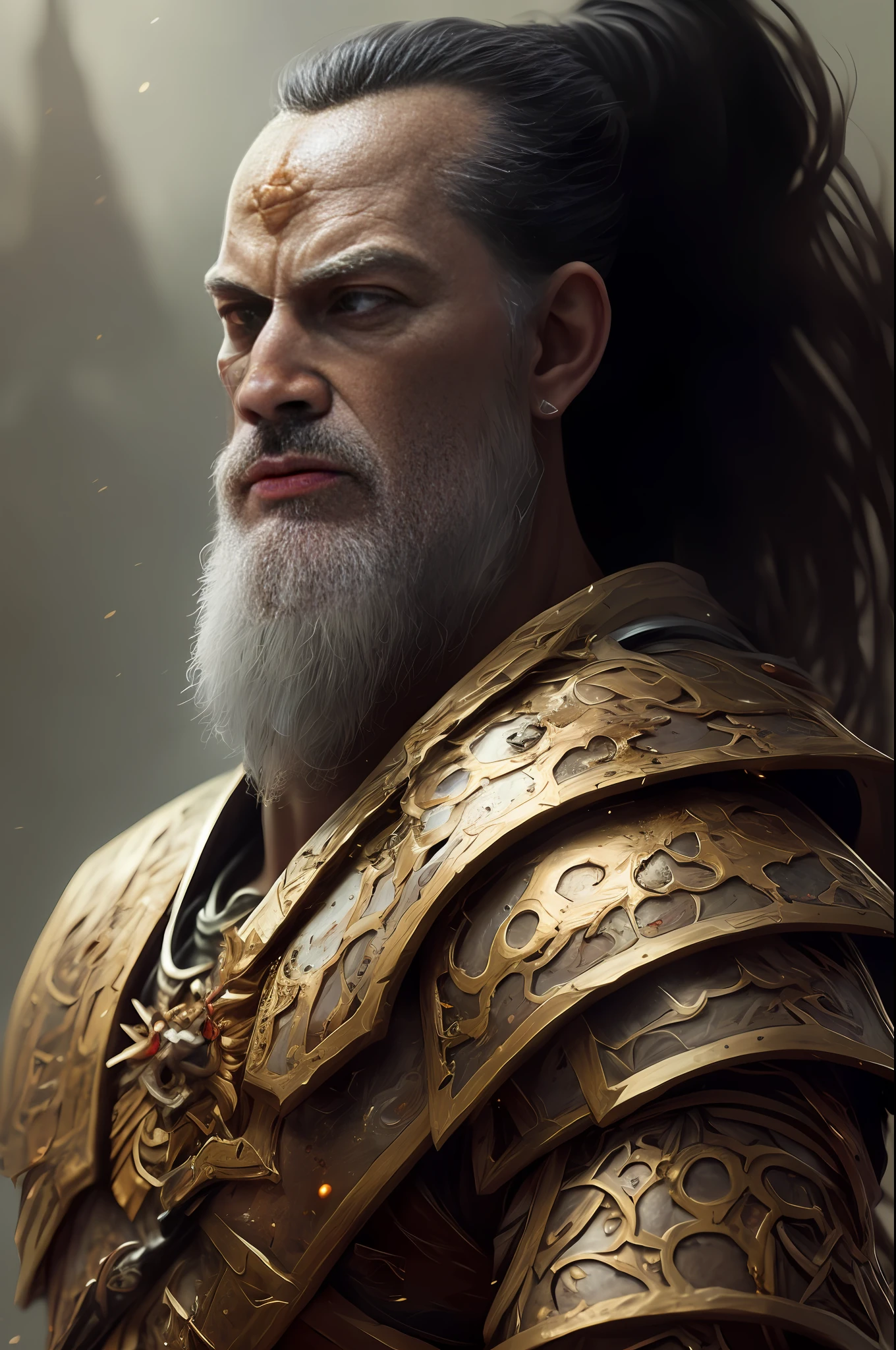 (Detailed Illustration: 1.3) of (Painting: 1.3) A (Full Body: 1.3) Shot in 8k resolution, splatter art, dreamy comic book style, realistic, intense look, anatomically realistic digital painting portrait (old male: 1.3) Human (warrior: 1.3) black and gold complex (heavy armor: 1.3) in (dark and moody universe: 1.3), light particles, very detailed skin, samurai, very detailed eyes, (elden ring style: 1.3), (warhammer style: 1.1), concept artist, global illumination, depth of field, splash art, artgerm and art by greg rutkowski and viktoria gavrilenko
