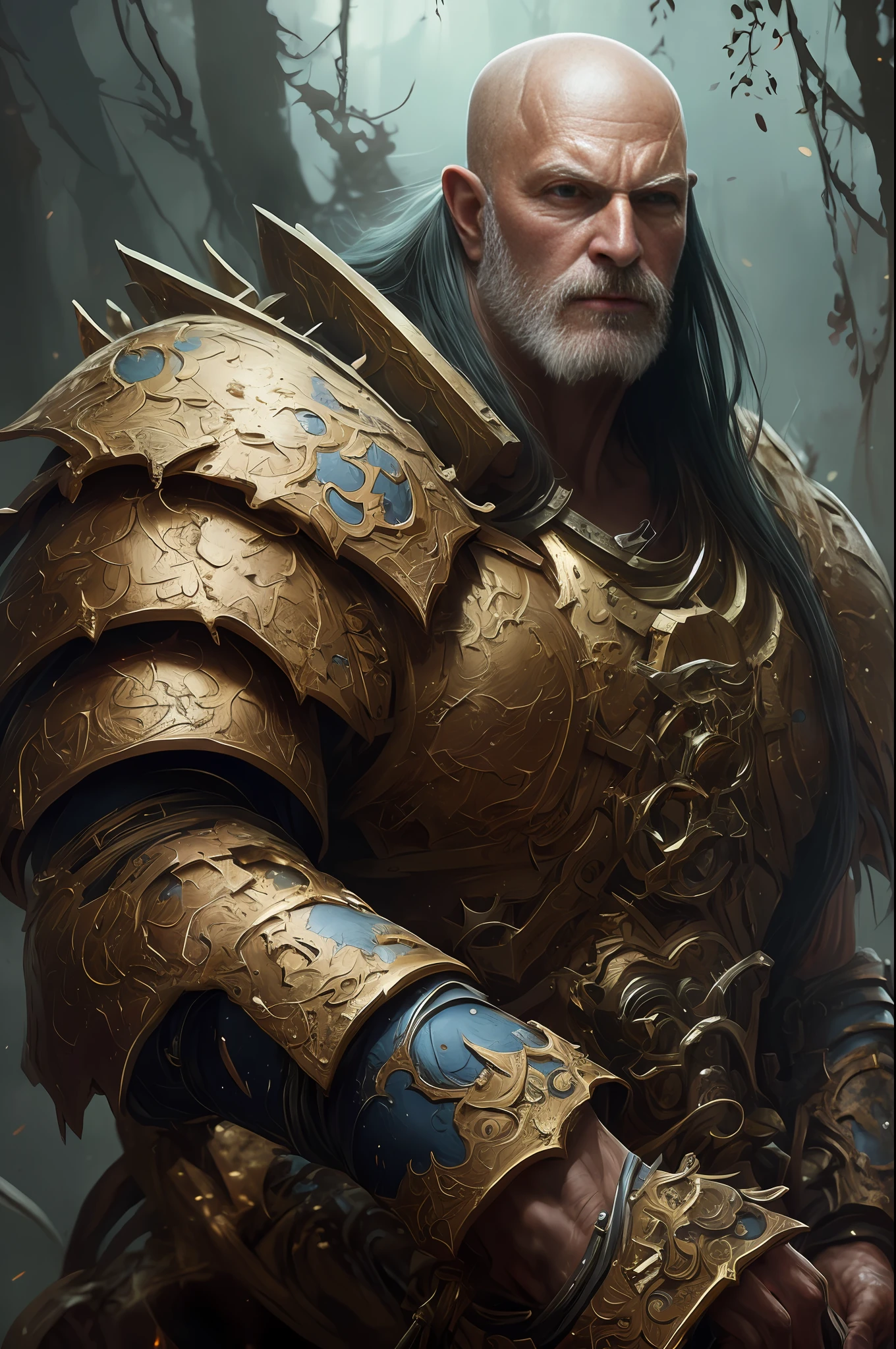 (Detailed Illustration: 1.3) of (Painting: 1.3) A (Full Body: 1.3) Shot in 8k resolution, splatter art, dreamy comic book style, realistic, intense look, anatomically realistic digital painting portrait (old male: 1.3) Human (warrior: 1.3) black and gold complex (heavy armor: 1.3) in (dark and moody universe: 1.3), light particles, very detailed skin, samurai, very detailed eyes, (elden ring style: 1.3), (warhammer style: 1.1), concept artist, global illumination, depth of field, splash art, artgerm and art by greg rutkowski and viktoria gavrilenko