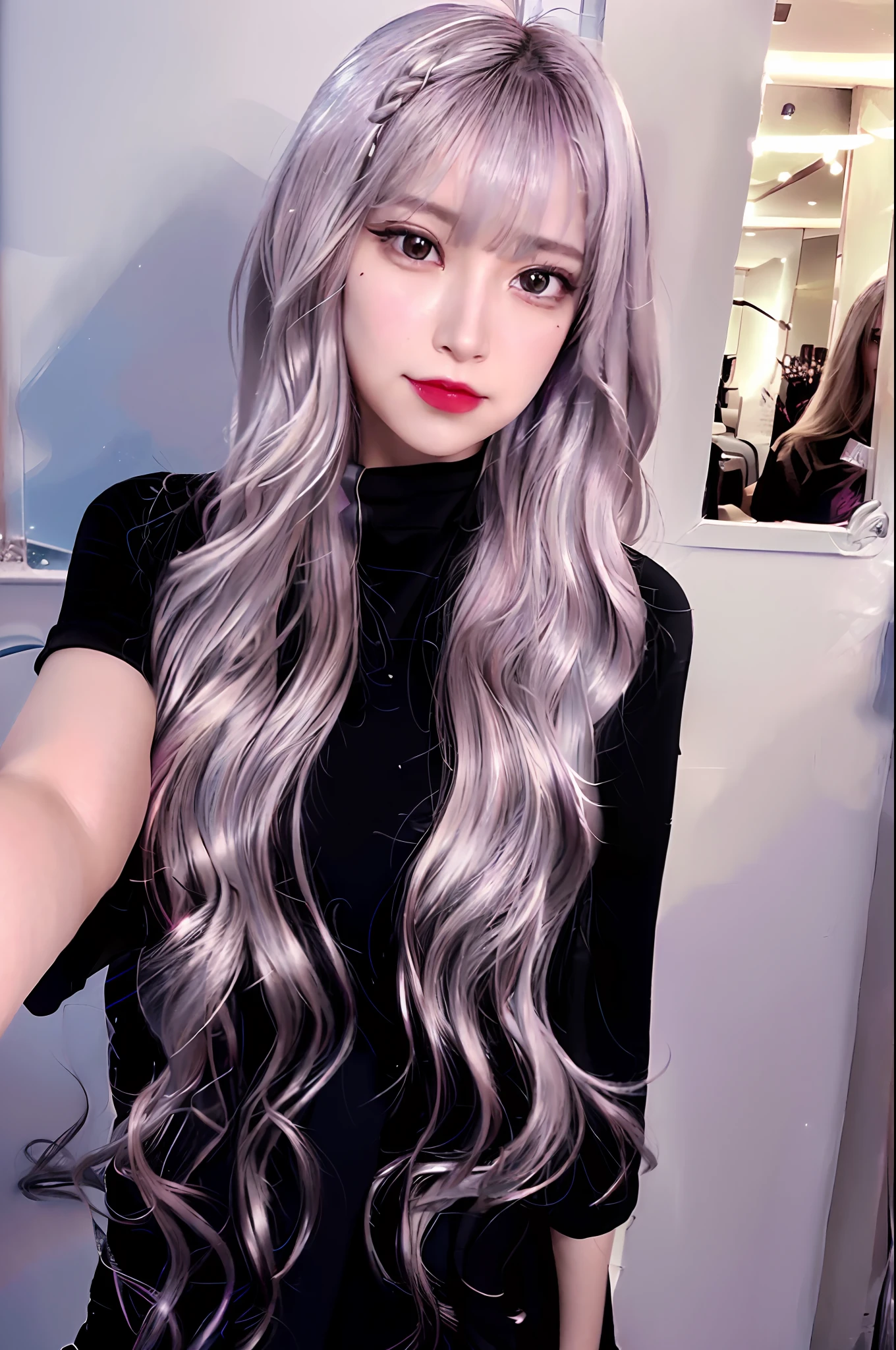 1girl,beautiful vintage color, instagram (photorealistic, high resolution:1.4), ((puffy eyes)), looking at viewer, , full body (8k, RAW photo, best quality, masterpiece:1.2), (realistic, photo-realistic:1.37),(sharp focus:1.2), professional lighting, photon mapping, radiosity, physically-based rendering, (pale skin:1.2),(small breasts:1.2), looking at viewer, (middle hair:1.5), portrait, purple eyes, (sliver hair:1.1),bangs, (simple background:1.4), solo, upper body, realistic,(masterpiece:1.4),(best quality:1.4),(shiny skin),fashi-girl,makeup,smile(skinny,closed mouth,shy :1.3) ,(standing,black Stewardess uniform,Necromancer:1.1),medium bust,sexy pose ,