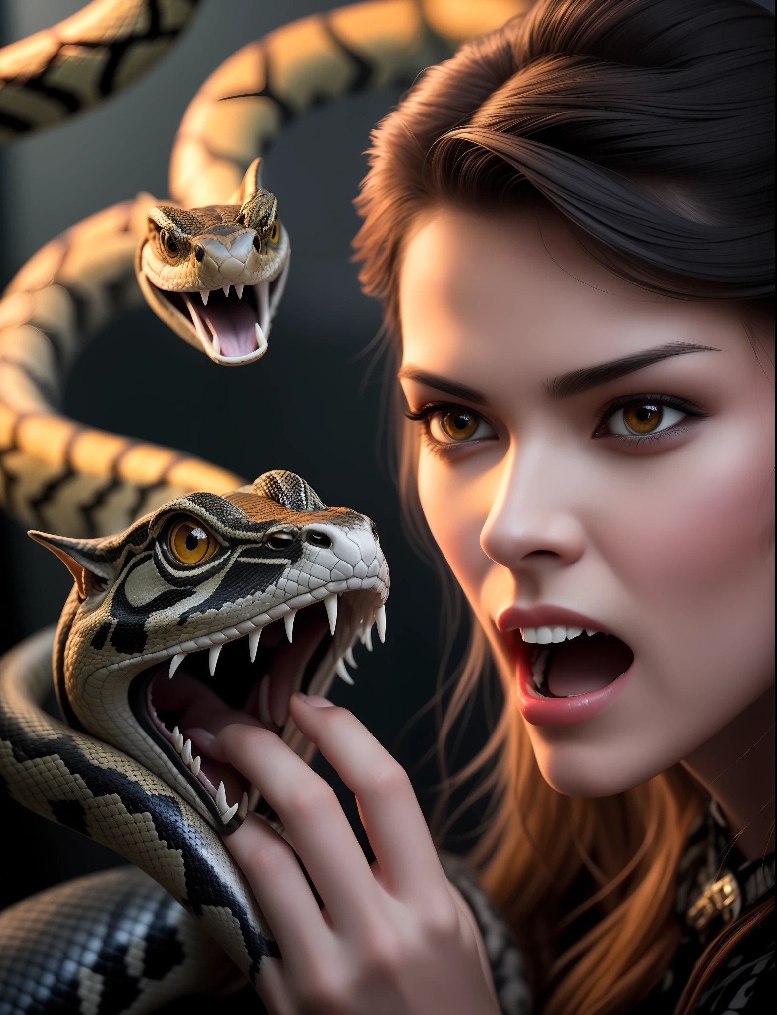 Hyperrealistic, extremely detailed and intricate details, photoshoot, dynamic lighting, dynamic pose detailed image of a 21-year-old model taking a selfie. In the background, you see a snake with fangs about to bite her. The tension and emotion of the moment should be palpable. The style should be natural and raw, with vibrant and realistic colors. The composition should be in 16:9 widescreen format, with the model and the snake in the frame. The camera to be used is a Canon EOS 5D Mark IV DSLR, with an EF 30mm f/4 STM lens, 16k. The resolution should be 30.4 megapixels, with an ISO sensitivity of 100 to maintain image quality. Shutter speed should be 1/125 to capture the moment. --ar 16:9 --v 5.1 --style raw --q 2