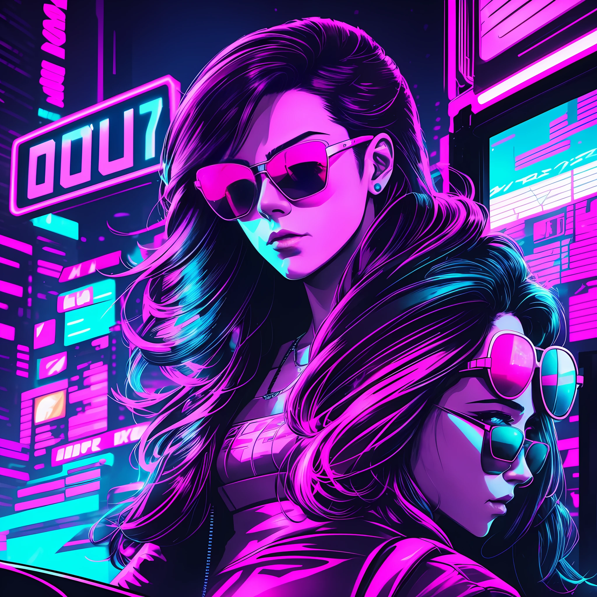 a woman in sunglasses driving a car with a neon light, synthwave art style ]!!, cyberpunk vibe, retrowave vibes, cyberpunk art style, bright cyberpunk glow, synthwave art style, cyberpunk vibes, inspired by Liam Wong, synthwave style, synthwave art, cyberpunk digital painting, by Liam Wong, retrowave art