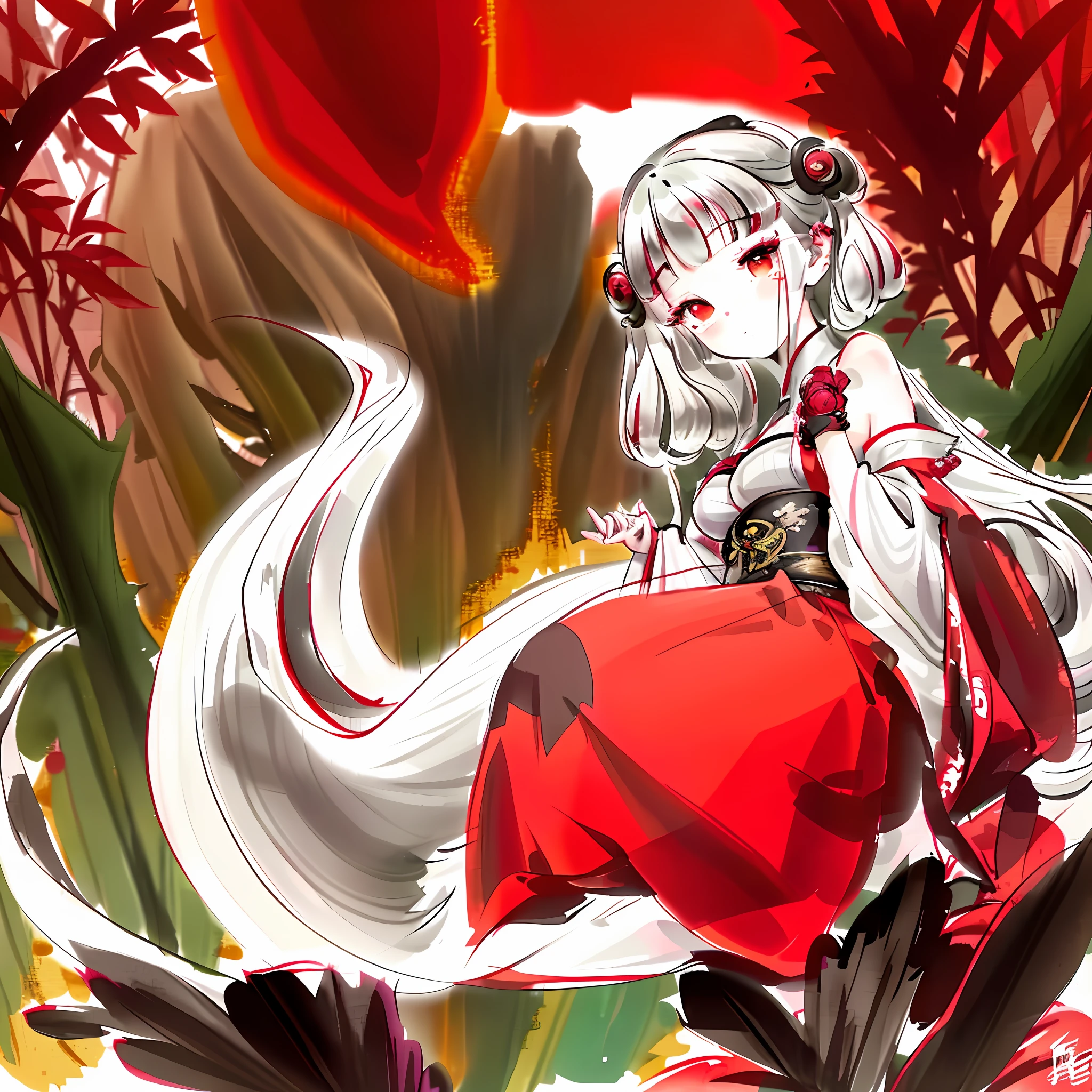 Chinese style beauty, two-dimensional, white hair and red eyes, huge breasts, thin waist, (a girl: 1.2) smile, sitting on a stone, feet in the water, surrounded by bamboo forests on all sides, big eyes, cute, masterpiece, supreme work