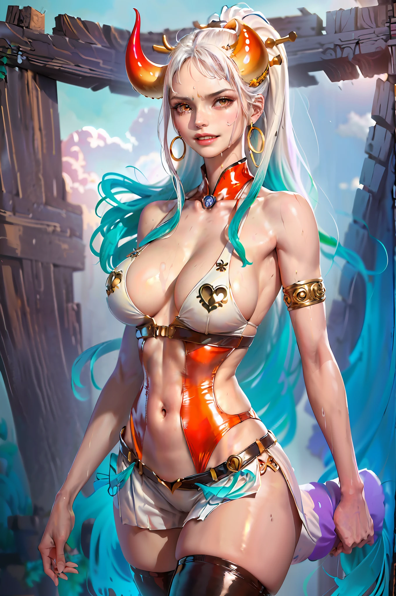 There are horns on the head, and two red and yellow horns on the head. Hair ends are curled. White transparent cheongsam. (Wearing a white transparent fabric cheongsam, the cheongsam chest opening, the highest fabric material, fabric 8K performance, physics engine calculation):: 1.96. (high quality, detailed CG art), (beautiful illumination and shadow, floating effect) (1 person) (hair shine, blue hair: 1.2 + white hair: 1.6), when the skin between the chest and lower abdomen is moist, dripping water droplets and sweat slip together, sexy and gorgeous, still photos convey dynamic effects. (extremely detailed, finely crafted, highest image quality, strong specular reflection in the bikini, clear latex texture) The woman is beautiful, extremely sexy, beautiful and moving, full of allure, and the transparent texture of the leggings is just right, which is eye-catching. ((NSFW,low saturation)) ((oily skin)),((droplets of water on the skin)),((erotic)):1.6。 Body moist and shiny, body moist and shiny, body moist and shiny, bigger breasts, bigger ass. ((masterpiece)), best quality, ultra-detailed, highly realistic, wet all over, bathed in rain, every bead of sweat is clearly visible. (Masterpiece:1.6), (best quality:1.5), ultra highres,1girl, extremely detailed,8k, beautiful, detailed eyes, looking at viewer, strong dark colors, (depth of field), (dynamic), (epic), Sharp focus, (intricate details: 1.86), full color, nano \ (one piece\), bangs, bare shoulders, belt, gold striped transparent heart nipple sticker, blue sky, bracelet, breasts, (orange eyes: 1.72), bubbles, cleavage, clouds, day, earrings, flowing hair, blue transparent heart nipple patch, groin, pronounced vest line, jewelry, big breasts, long hair, belly button, orange hair, transparent latex pants, shoulder tattoo, collarbone pronounced, sky, smile, single, standing, abdomen lewd lines, Upper body only breast stickers, tattoos, Corsair, (one piece), (Strong: 1.4), (Full Body)), Body Wet and Shiny, (nsfw: 1.9