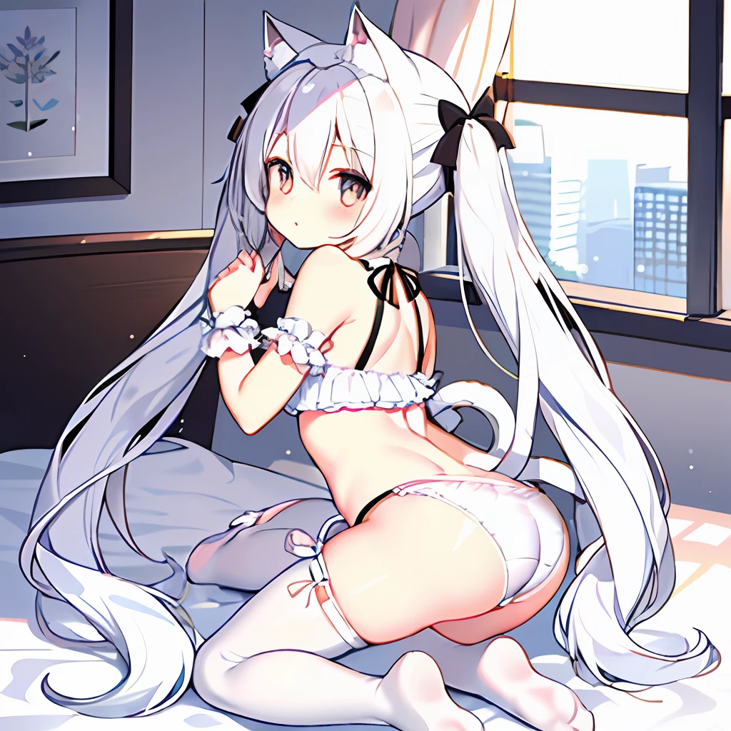 1girl,(white hair:1.2), gray eyes, cat ears, (cat girl:1.1), hair between eyes, ((low twin tails)), long hair, hair band, hair accessories, bow tie, (with thong:1.2), black bra:1.3), ((white:1.2) thigh stockings:1.3), illustration, accumulate, bow, bangs, ruffles, short sleeves, bow tie, on the bed, window, whole body, perfect fingers, perfect hands, ass up, from behind, sitting,