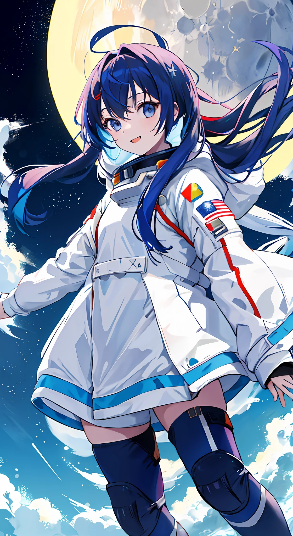 1girl, solo, astronaut suit, long hair, ultra hd, great quality, astronaut, happy, posing, multicolored hair, moon background, (masterpiece: 1.2)