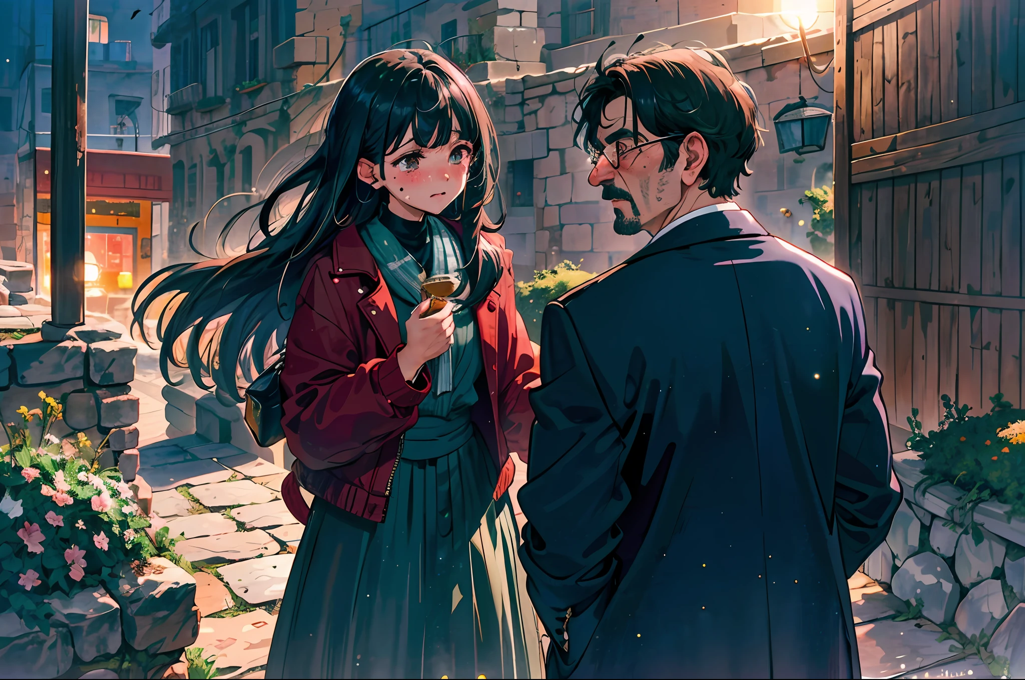 The girl crouched in front and cried, And behind it are two men talking face to face, One of the men was a 60-year-old Mediterranean man, black hair, tearing up, light blush, mole under eye, scared, cinematic lighting, lens flare, cowboy shot, UHD, masterpiece, best quality