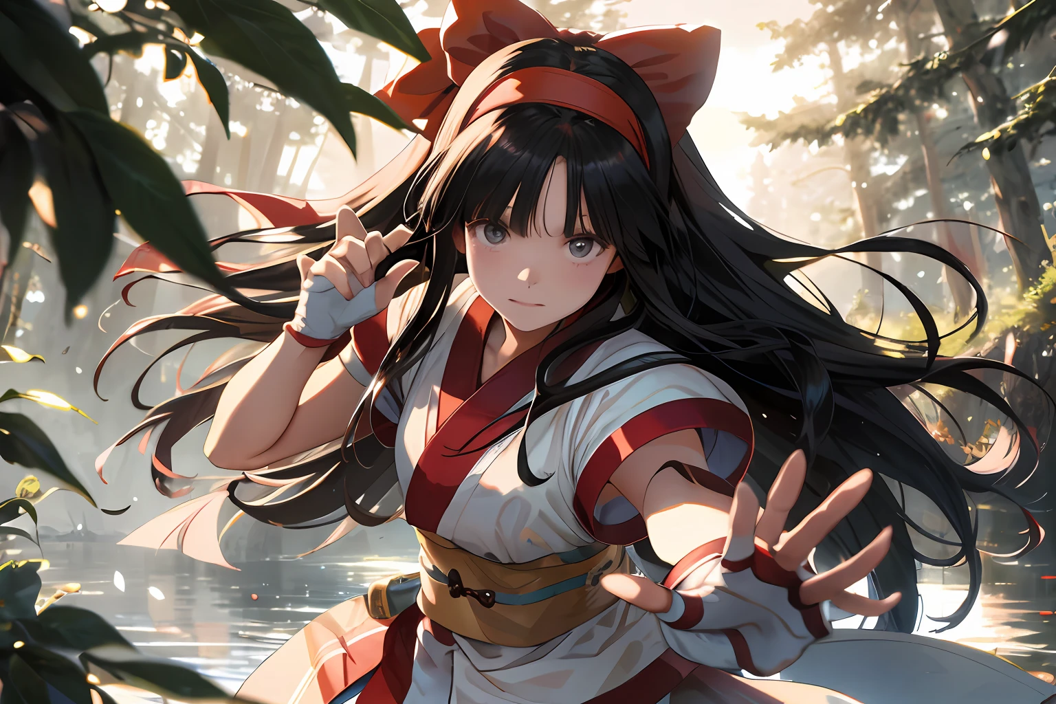 masterpiece, best quality,1girl, red bow, bow, long hair, hair bow, ainu clothes, solo, hairband, black hair, fingerless gloves, short sleeves, gloves, sash, pants, bangs, red hairband, weapon, breasts, brown eyes, white pants, japanese clothes, nakoruru, light smile, officials art, good composition,m, detailed portrait, portrait, bokeh, forest with river, sun behind back, pencil style, traditional brush, samurai, onmyoji style, high resolution, dramatic lighting and shadow, sun flared, blurry foreground, blood plashing around, looking at viewer, hands behind back, hands not in view, face shading, strong lighting, dim light, nostalgia look, dramatic hair, shinto gate behind, masterpiece
