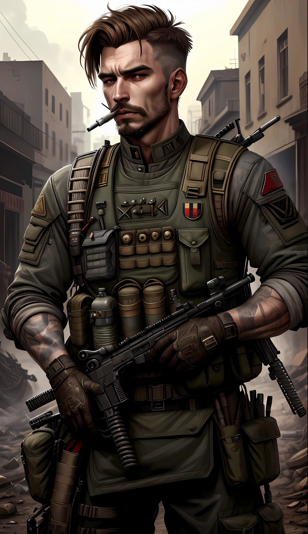 Soldier with dark uniform and rifle, ruined background, realistic, stylish, goatee, brown hair, buzz hair, cigarette in mouth, tactical vest, intricate details, hyperdetailed, cinematic, rim light, danger atmosphere