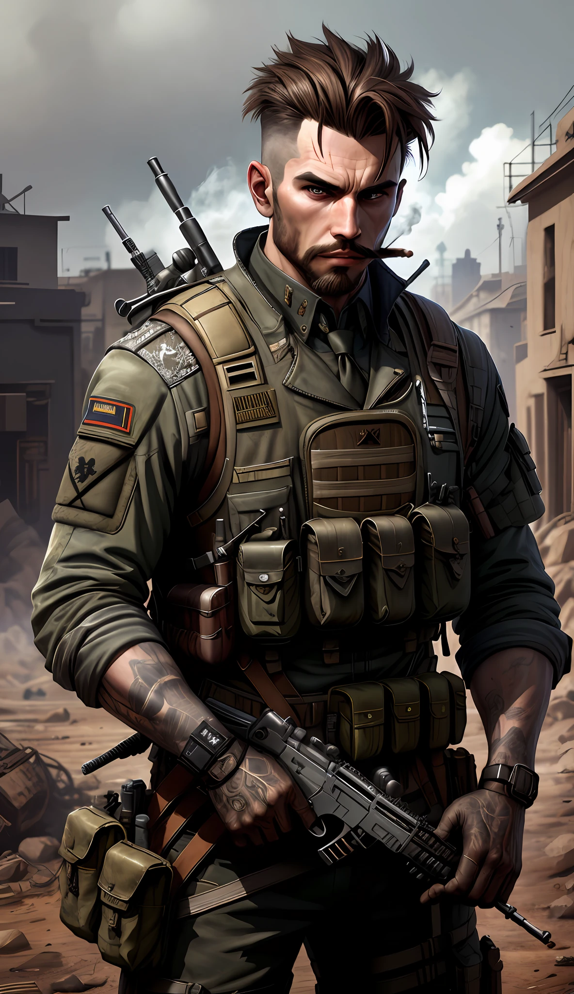 Soldier with dark uniform and rifle, ruined background, realistic, stylish, goatee, brown hair, buzz hair, cigarette in mouth, tactical vest, intricate details, hyperdetailed, cinematic, rim light, danger atmosphere