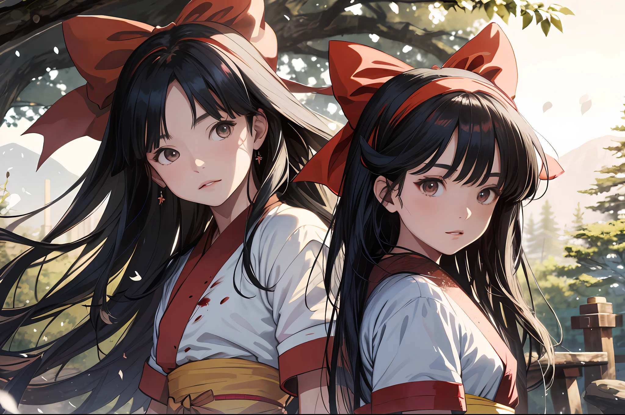 masterpiece, best quality,1girl, red bow, bow, long hair, hair bow, ainu clothes, solo, hairband, black hair, fingerless gloves, short sleeves, gloves, sash, pants, bangs, red hairband, weapon, breasts, brown eyes, white pants, japanese clothes, nakoruru, light smile, officials art, good composition,m, detailed portrait, portrait, bokeh, forest with river, sun behind back, pencil style, traditional brush, samurai, onmyoji style, high resolution, dramatic lighting and shadow, sun flared, blurry foreground, blood plashing around, looking at viewer, hands behind back, hands not in view, face shading, strong lighting, dim light, nostalgia look, dramatic hair, shinto gate behind, masterpiece