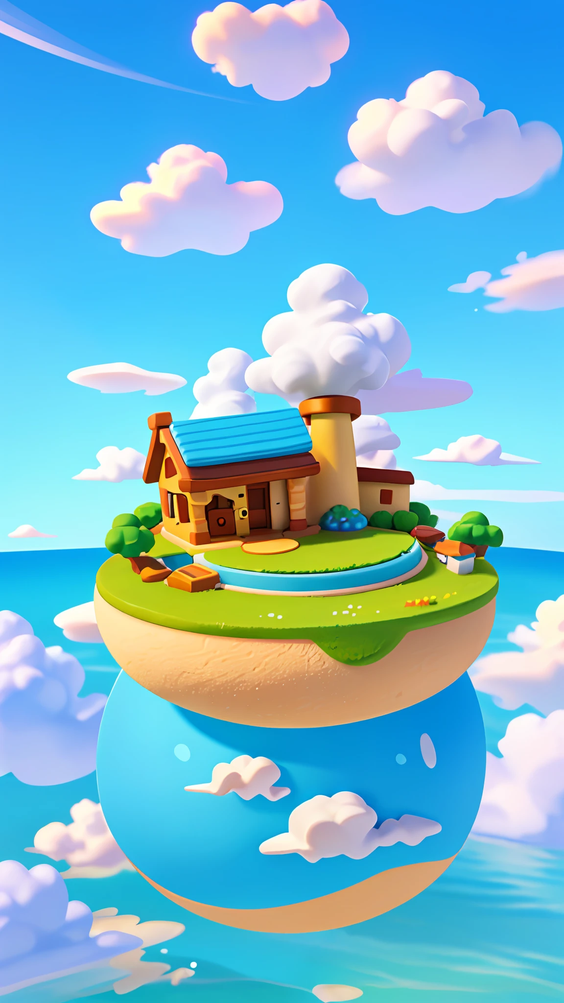 Best quality, cartoon style, masterpiece, best quality, 3D, outdoor, mini landscape, cloud doll, sky, clouds, blue sea