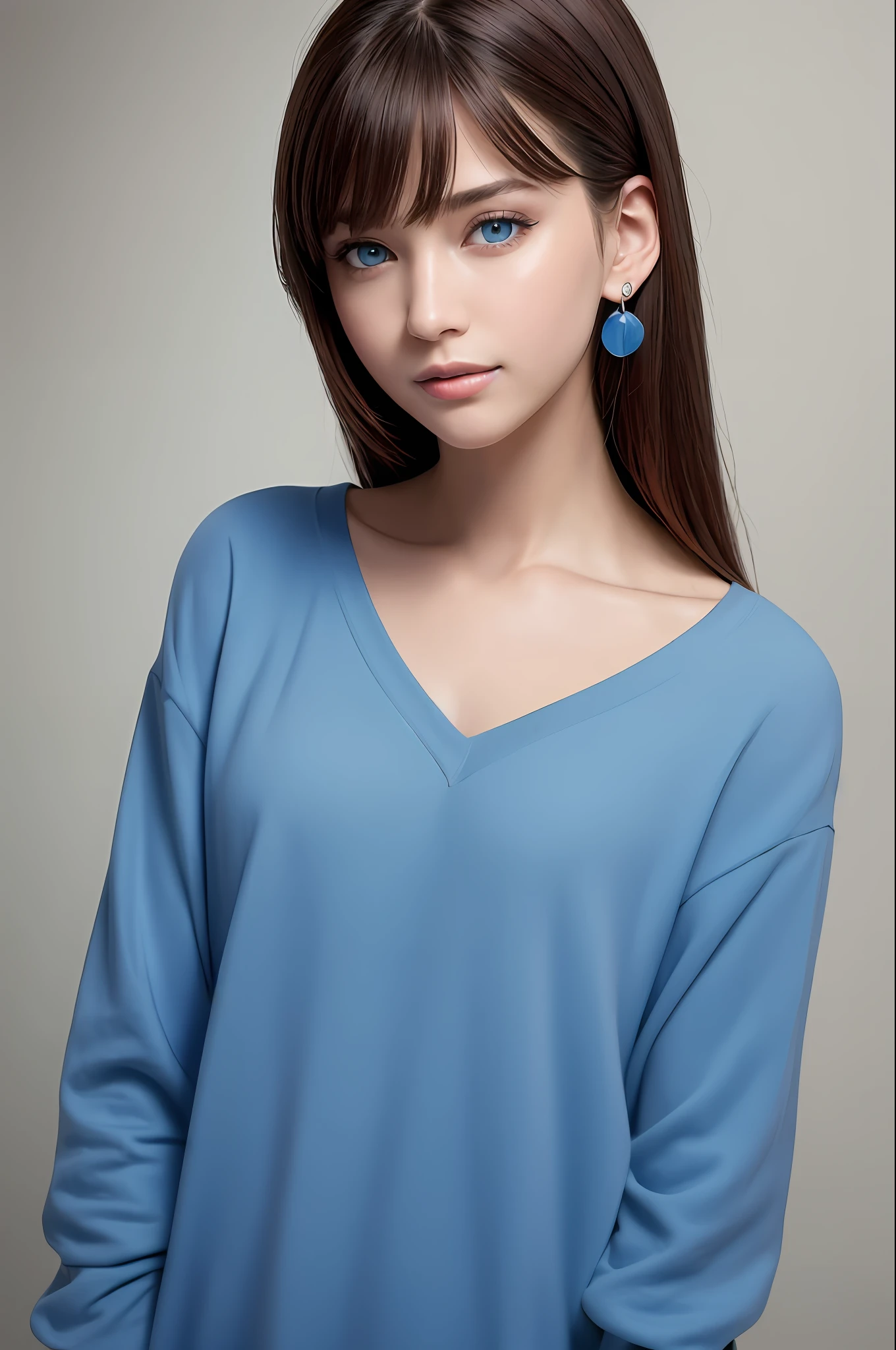 (RAW photo:1.2),(photorealistic:1.4),(masterpiece:1.3),(best quality:1.4),ultra high res, HDR,8k resolution, dreamlike, check commentary, commentary requests, scenery,((no text)), solo focus, (eye detail), (facial features), (dress detail), firming, (shiny skin), (slender), (slim), (beauty), 1boy, virtualgirl-ren, young, bangs, brunette hair, blue eyes, stud earrings, loose shirt, smile, shy, cute, looking straight into camera,