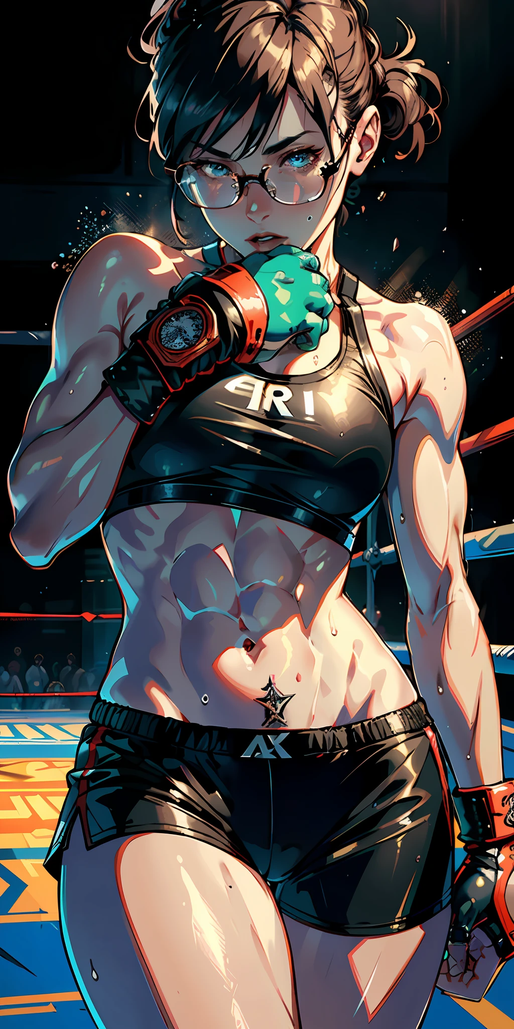 (original), (very detailed wallpaper), (best quality), (masterpiece), photographic reality, realistic, very detailed illustrations, (1 girl), beautiful eyes, (delicate face), perfect details, (best lighting), (super complex details), (boxer), (aggressive punches), sweat, heavy breathing, (oppressive attack), (boxing ring), athletic shorts, tattoos on arms and thighs,perfect details, perfect boxing gloves, perfect limbs, impact, (shiny skin),  abs, muscles, waist, muay thai shorts, fighting, hair falling over half of the face, loose short hair, transparent glasses, unified 4K, (super detailed CG: 1.2), (8K: 1.2), realistic, octane rendering