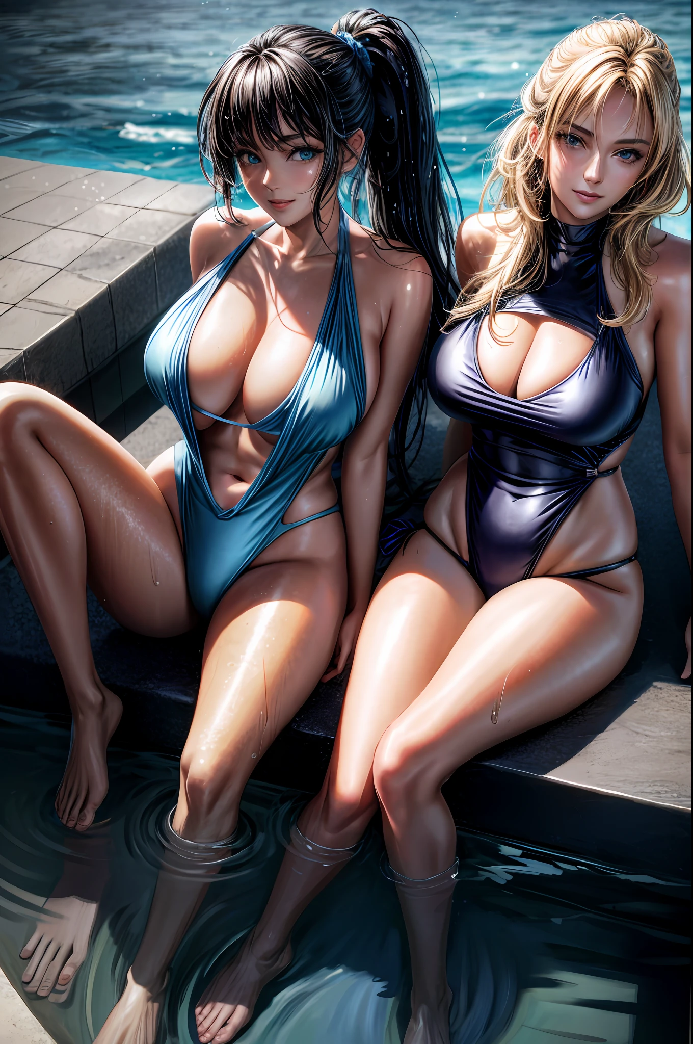 symmetrical eyes, masterpiece, best quality, (realistic, photorealistic:1.4), professional photograph, cinematic lighting,perfect detailed face,perfect detailed eyes,3girls, bangs, bikini, black_hair, blue_bikini, blue_swimsuit, long_hair, looking_at_viewer,, multiple_girls, one-piece_swimsuit, outdoors, ponytail, pool, poolside, smile, soaking_feet, swimsuit, wading, water, wet