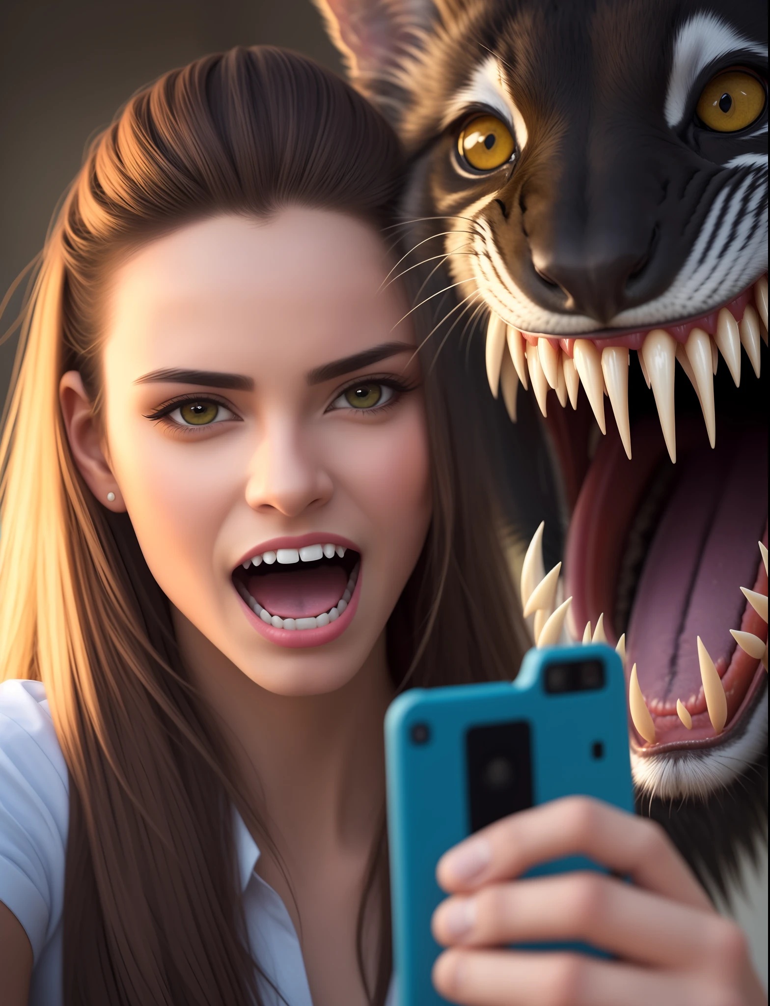 It generates a hyper-realistic and highly detailed image of a 21-year-old model taking a selfie. In the background, you see a pirañas with fangs about to bite her. The tension and emotion of the moment should be palpable. The style should be natural and raw, with vibrant and realistic colors. The composition should be in 16:9 widescreen format, with the model and the snake in the frame. The camera to be used is a Canon EOS 5D Mark IV DSLR, with an EF 50mm f/1.8 STM lens. The resolution should be 30.4 megapixels, with an ISO sensitivity of 100 to maintain image quality. Shutter speed should be 1/125 to capture the moment. --ar 16:9 --v 5.1 --style raw --q 2