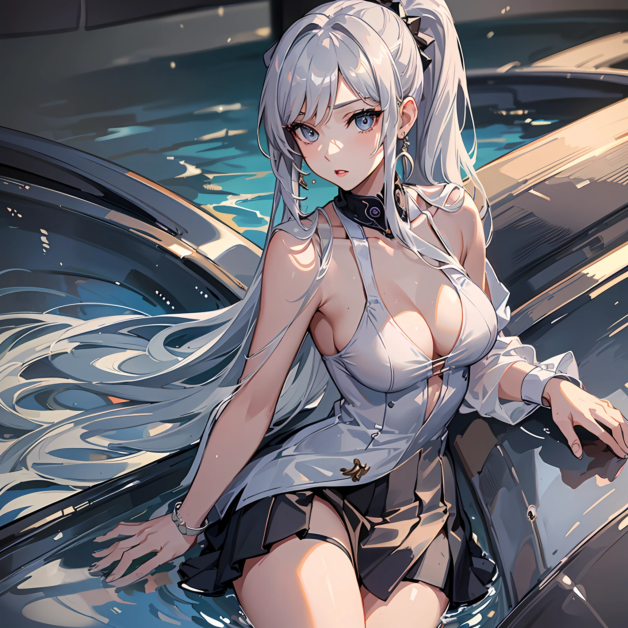 Masterpiece, exquisite, (realistic, one woman, one, beautiful face, slender face, beautiful eyes), (breast) persona 3, female, big, G cup, silver hair, long hair, ponytail, school uniform, deep V-neck, mini skirt, school pool, wet, soaked, slender eyes