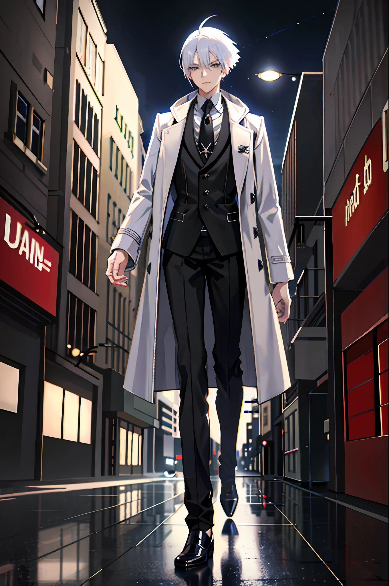 Anime girl, platinum hair, spiky hair,,white eyelashes,smirk, Wearing a trench coat suit and tie, City,night, hoodie,8k resolution, highly detailed, anatomically correct, sharp image, digital painting, concept art, trending on pixiv, style of makoto shinkai,