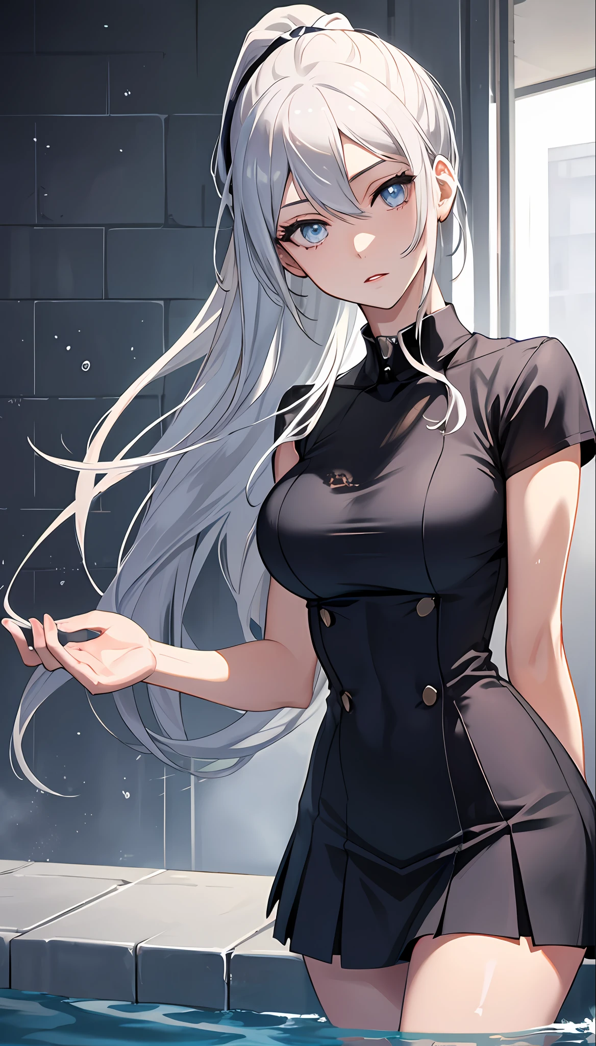 masterpiece, exquisite, (realistic, woman alone, one, beautiful face, slender face, beautiful eyes), (breast) persona 3, female, big, G cup, silver hair, long hair, ponytail, school uniform, deep V-neck, mini skirt, school pool, wet, soaking wet, slender eyes, fine beautiful eyes, delicate beautiful face, (high saturation), best lighting, best shadow,
