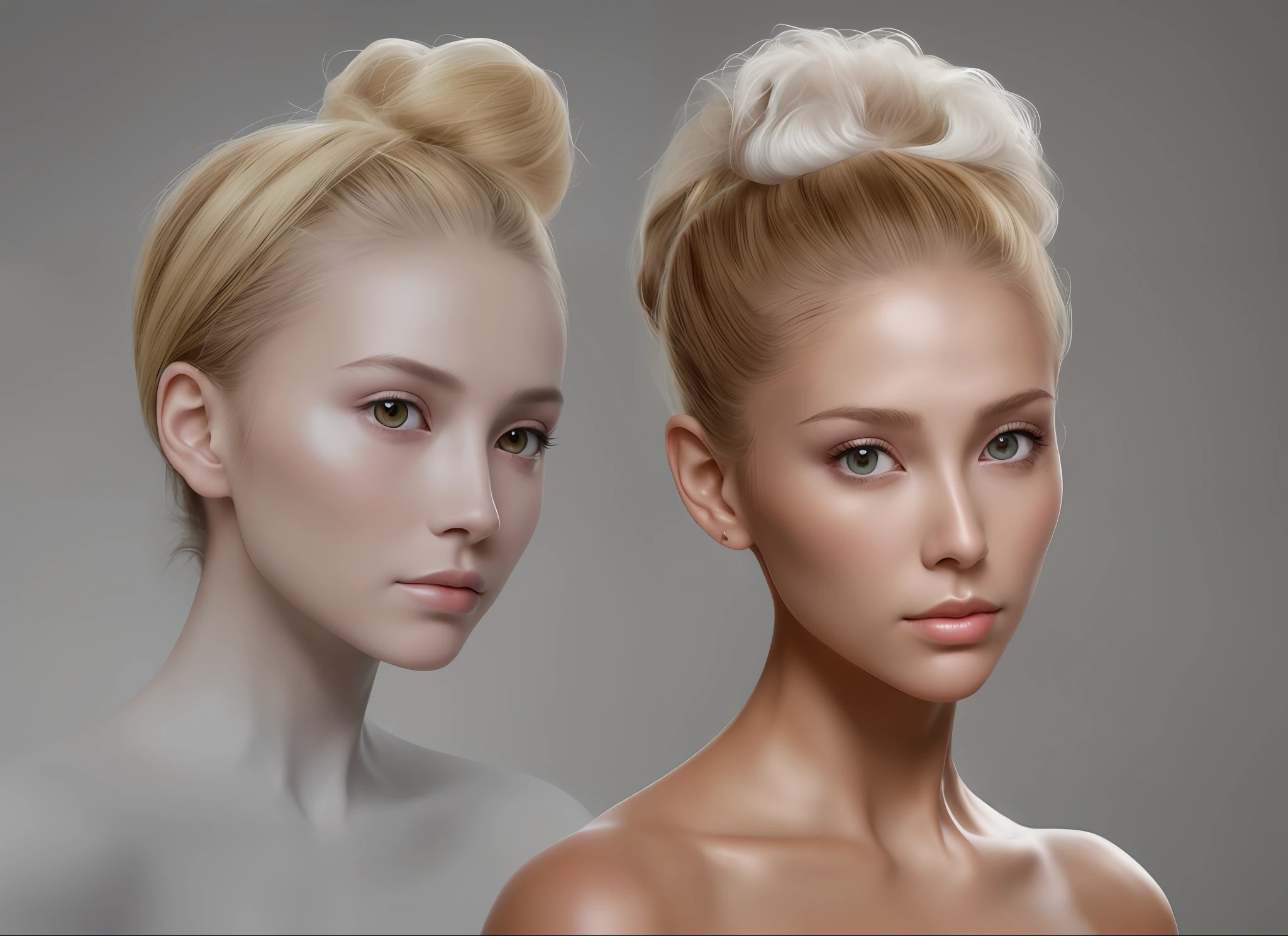 there is a woman with a messy bun in her hair, diffused natural skin glow, dewy skin, glowing porcelain skin, defined cheekbones, woman's face looking off camera, prominent cheekbones, porcelain highlighted skin, perfectly lit face, beautiful detailed body and face, sharp cheekbones, pronounced facial contouring, full face and body portrait
