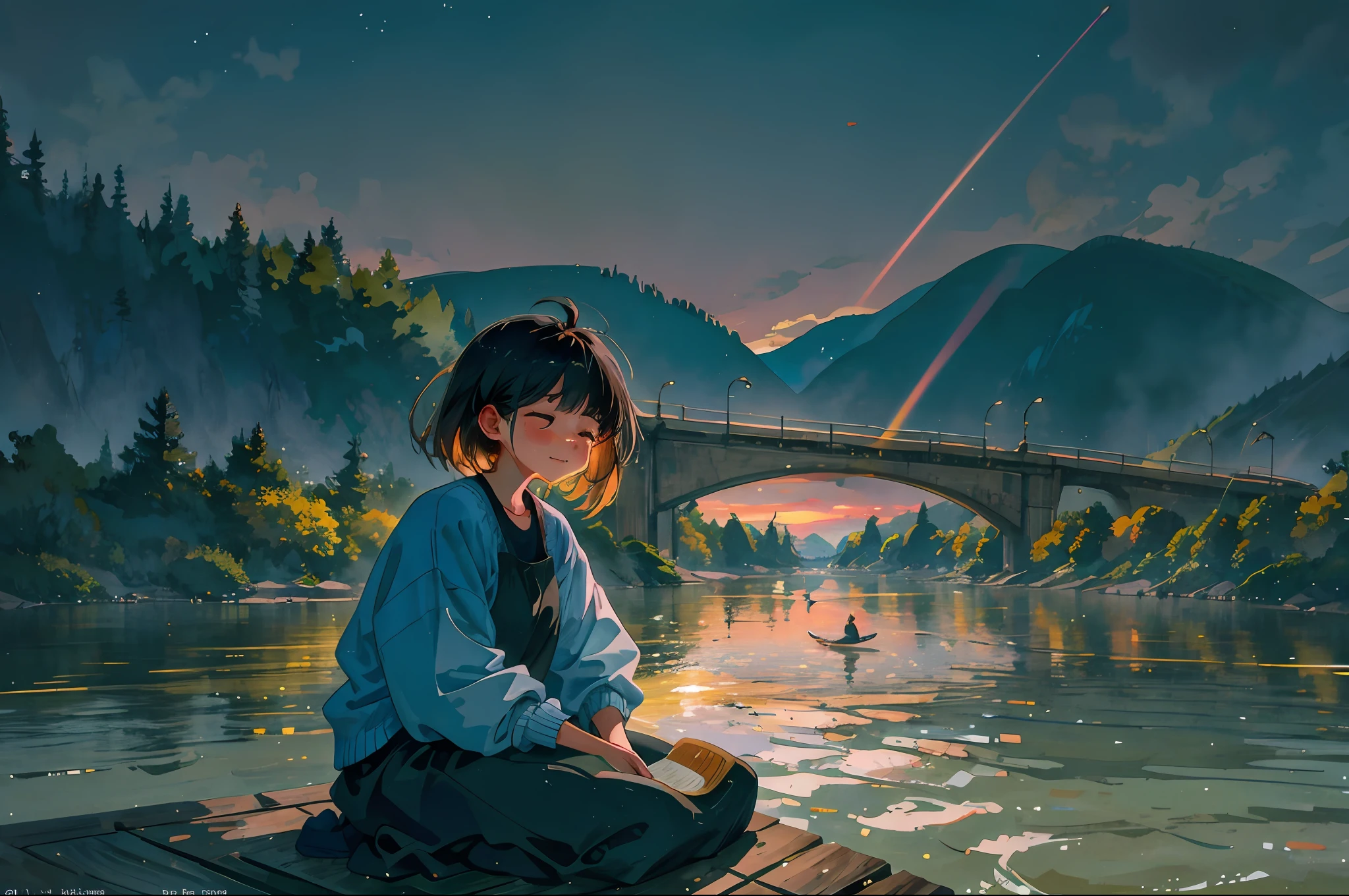 A 30-year-old middle-aged woman, Kneeling on the banks of the river and crying, There was a group of people in the river who were fishing for something, It was surrounded by people, black hair, smile, tearing up, light blush, mole under eye, scared, cinematic lighting, lens flare, cowboy shot, UHD, masterpiece, best quality