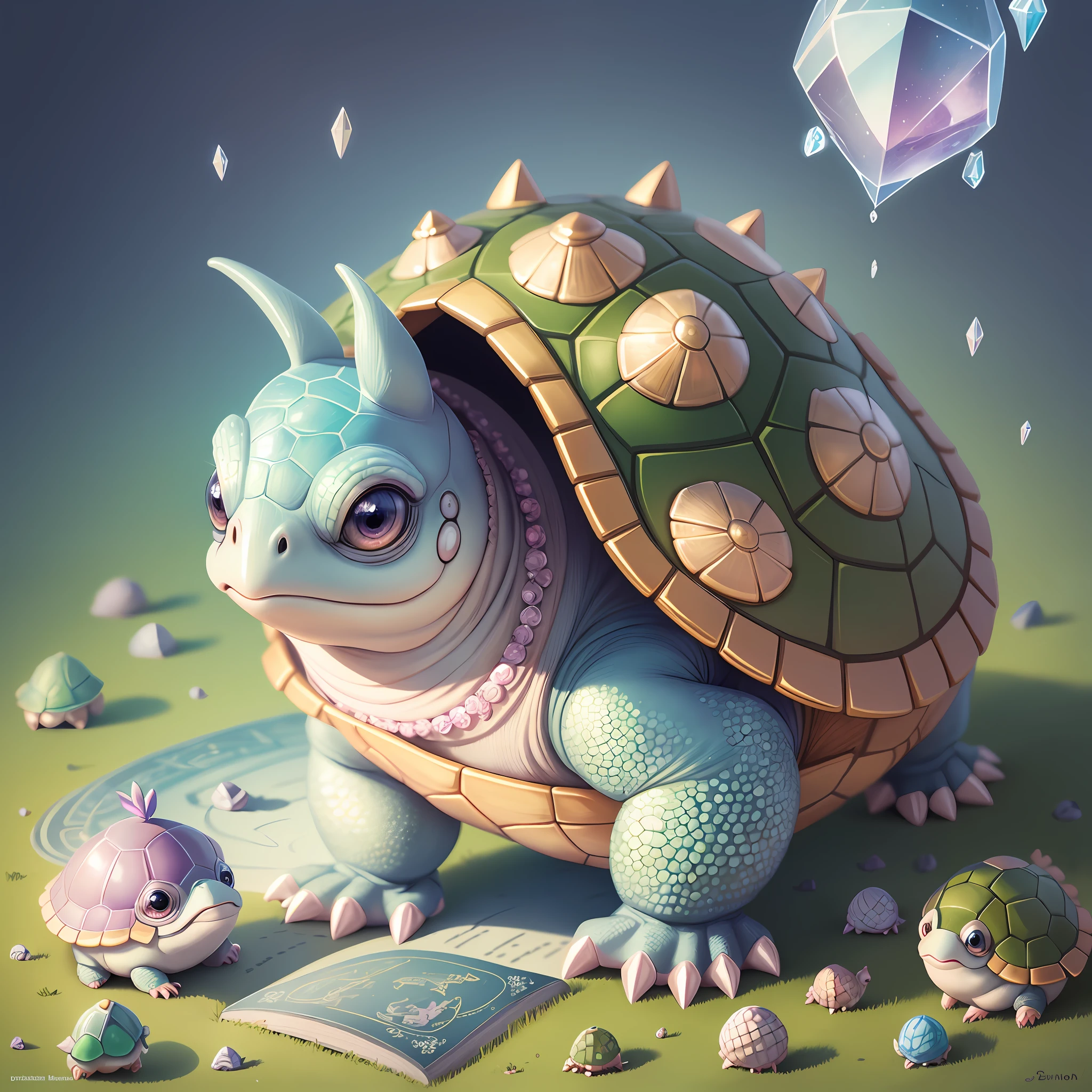 , children's cartoon book illustration of baby turtle with crystal-studded hoof, children's book illustration, children's illustrated storybook, history book design, original book, original story, "portrait of a cartoon animal, magical character, official illustration, cute portrait of a hatchling turtle with the shell studded in crystals