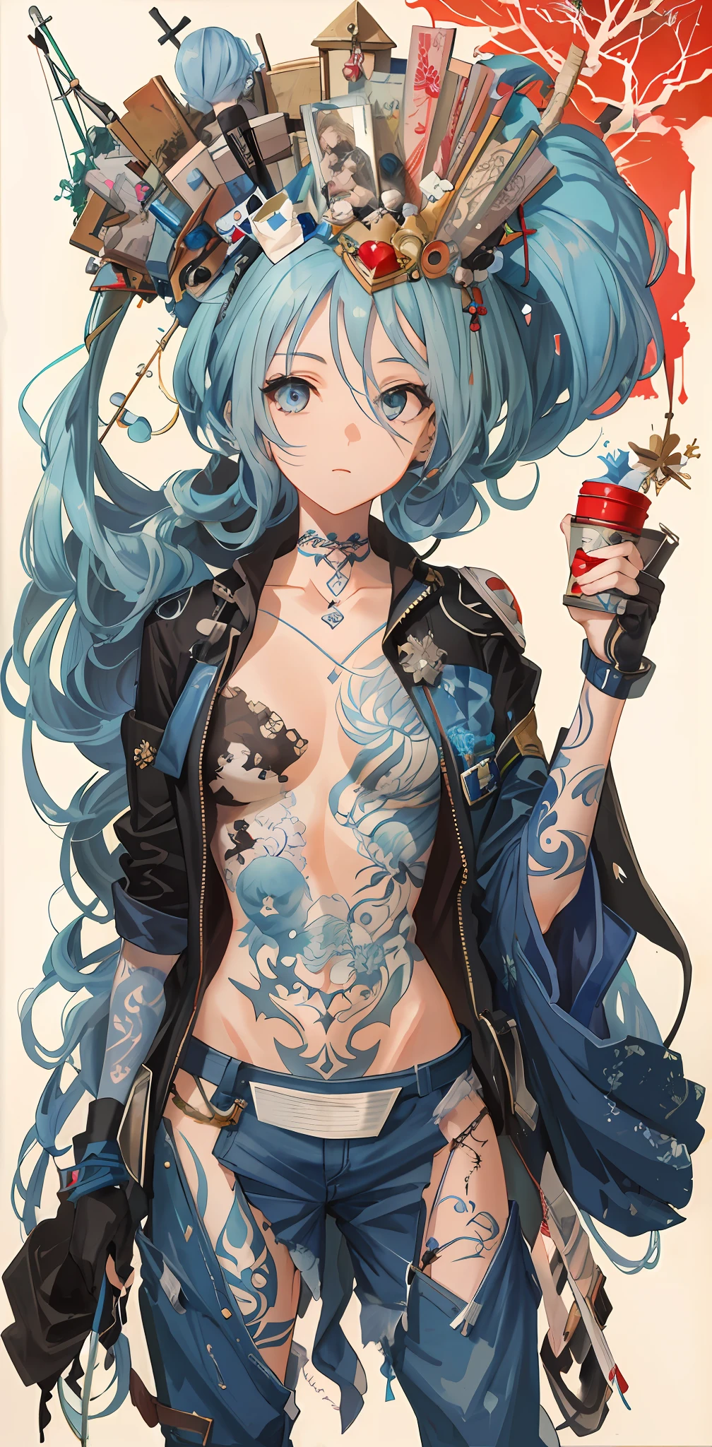 Ultra-high definition 2D art, close-up (1 woman), light blue hair, 2D animation style, soft and delicate depiction, attention also on her full-body tattoos (full-body art), landscape mode, masterpieces by Guweiz and James Jean, tattoo expert designs by CGSCOSITY, etc. A beautiful blue-haired girl who became a hot topic at the trend art station of Japan.