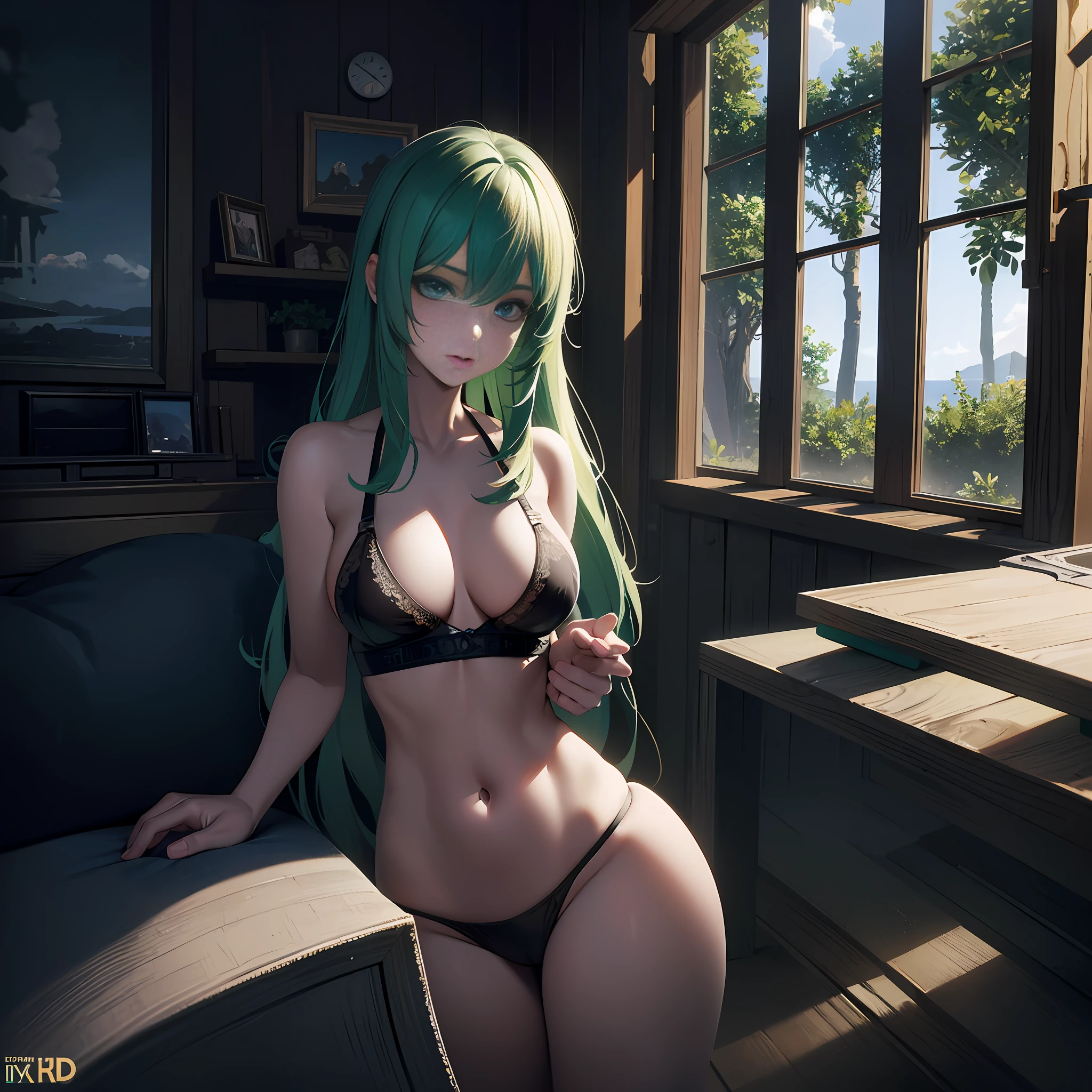 (Best Quality)), ((Masterpiece)), (High Definition:1.3), 3D, HDR (High Dynamic Range), Ray Tracing, NVIDIA RTX, Super Resolution, Unreal 5,(Best Quality)), ((Masterpiece)), (High Definition:1.3), 3D, HDR (High Dynamic Range), Ray Tracing, NVIDIA RTX, Super Resolution, Unreal 5, woman in black thong panties, transparent white bra, in a beautiful rustic room, green hair, blue eyes like the most crystalline ocean, small breasts and round ass.