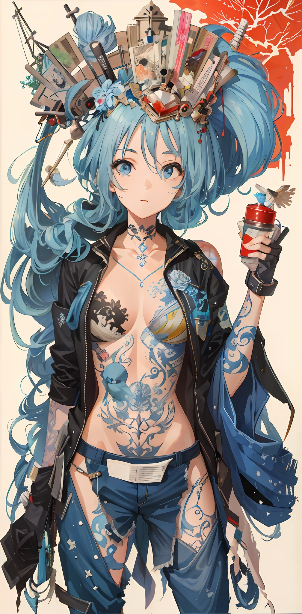 Ultra-high definition 2D art, close-up (1 woman), light blue hair, 2D animation style, soft and delicate depiction, attention also on her full-body tattoos (full-body art), landscape mode, masterpieces by Guweiz and James Jean, tattoo expert designs by CGSCOSITY, etc. A beautiful blue-haired girl who became a hot topic at the trend art station of Japan.