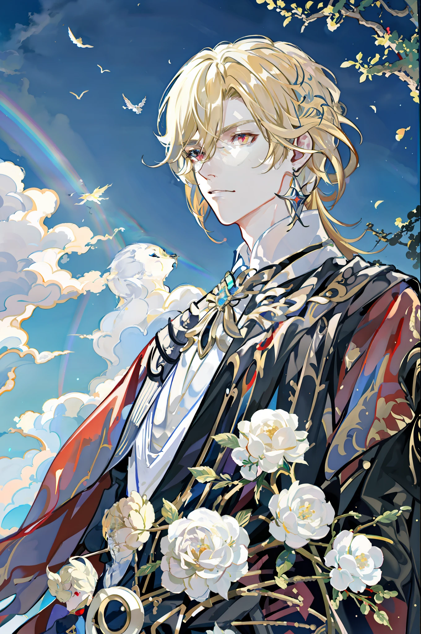 kaveh (genshin impact), 1 male, blond hair, red eyes, masterpiece, best quality, 1 male, adult, mature, tall muscular guy, bubble, rainbow Sunlight, Rainbow light, Bubble Swirling, wind Swirling, Aurora, fantasy scenery, Starlight around the character, (upper body)