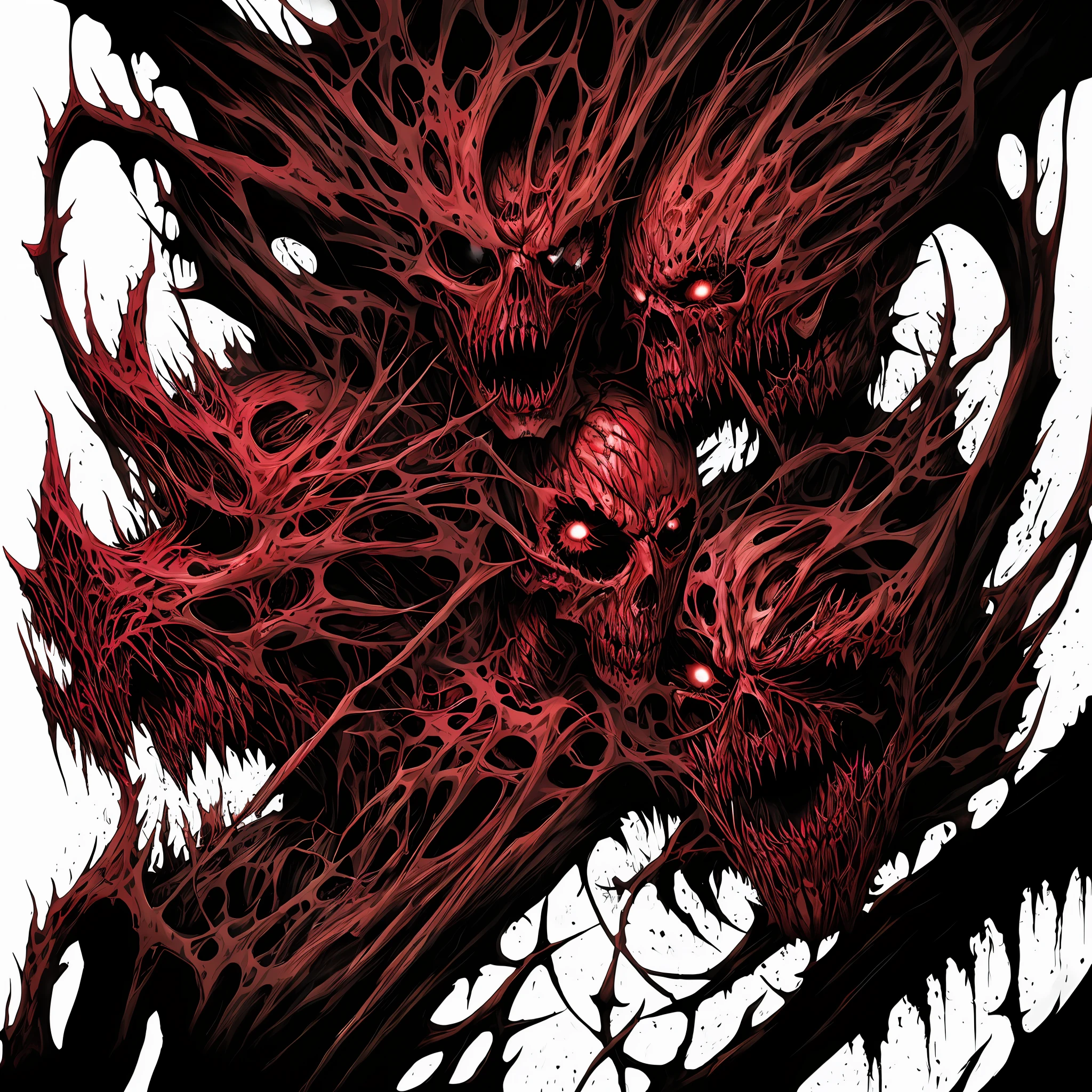 Sexual carnage art cover album, four guys devouring a woman, horror art, color drawing.