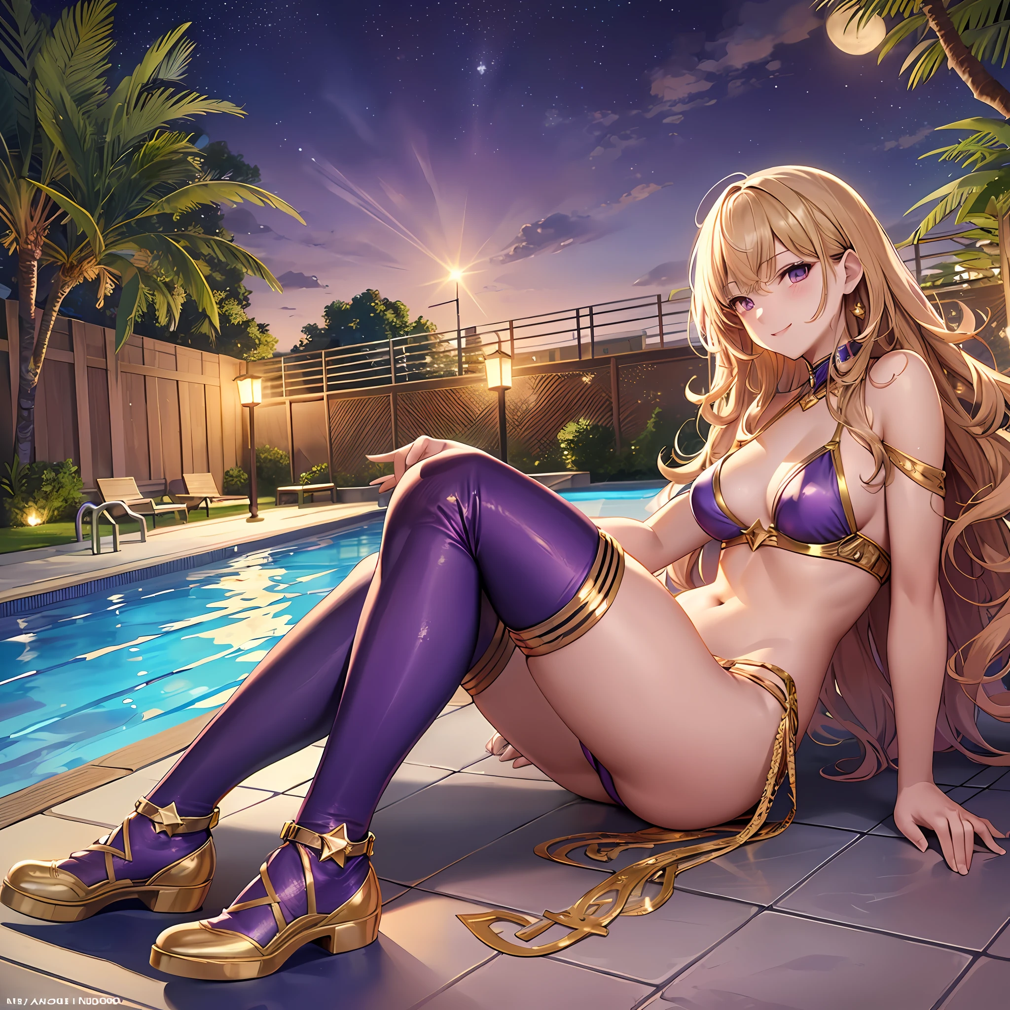 (high quality, ultra detailed, perfect anatomy, masterpiece) 1girl, flat chest, curly hair, gold hair, cute smile, purple bikini, blue stockings, sneakers , taking photos, posing, by the pool, at night, star filled sky
