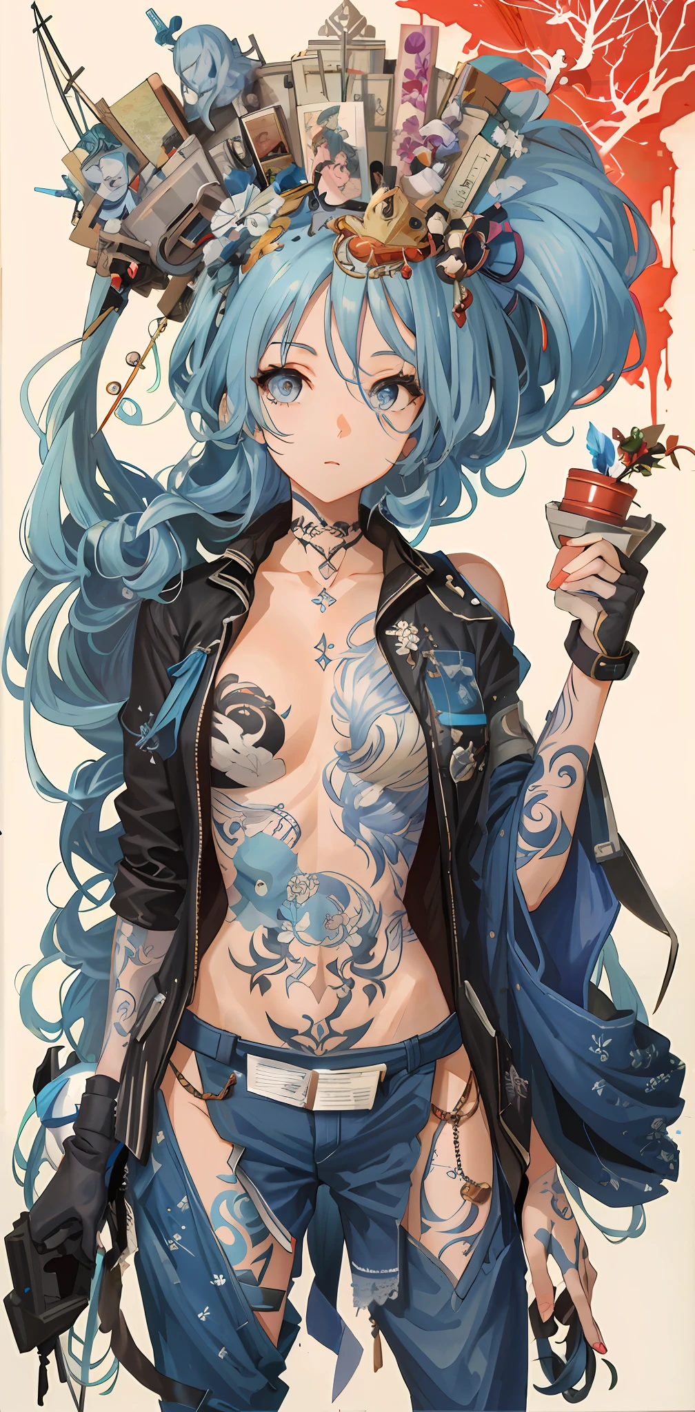 Ultra-high definition 2D art, close-up (1 woman), light blue hair, 2D animation style, soft and delicate depiction, attention also on her full-body tattoos (full-body art), landscape mode, masterpieces by Guweiz and James Jean, tattoo expert designs by CGSCOSITY, etc. A beautiful blue-haired girl who became a hot topic at the trend art station of Japan.