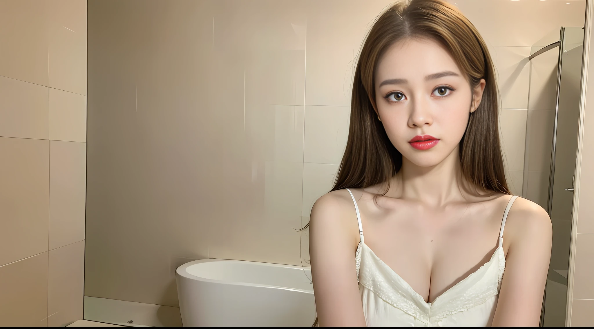 ((Best quality, 8k, Masterpiece :1.3)), 1girl,pretty woman:1.3, huge breasts:1.2, (bathroom, dress:1.1), ultra-delicate face, double eyelids, whitening delicate skin,