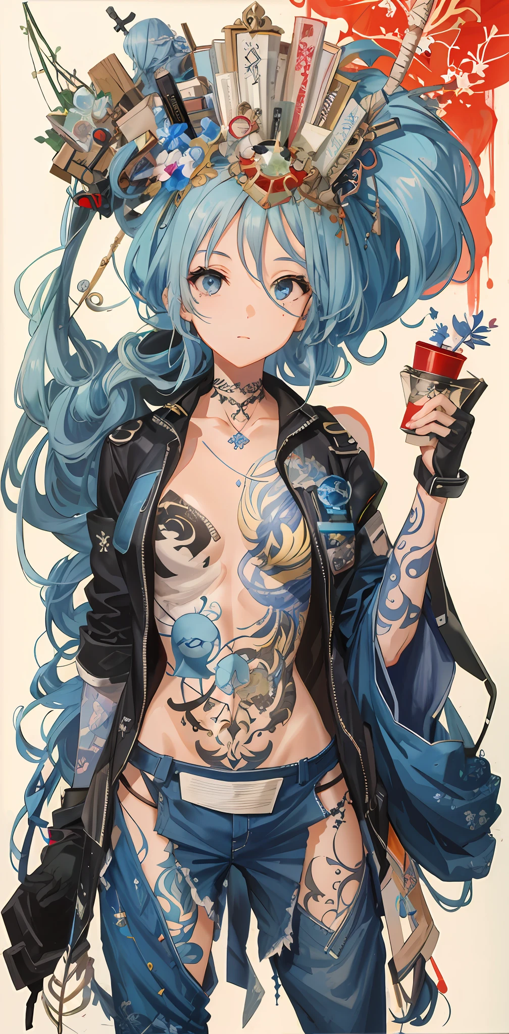 Ultra-high definition 2D art, close-up (1 woman), light blue hair, 2D animation style, soft and delicate depiction, attention also on her full-body tattoos (full-body art), landscape mode, masterpieces by Guweiz and James Jean, tattoo expert designs by CGSCOSITY, etc. A beautiful blue-haired girl who became a hot topic at the trend art station of Japan.