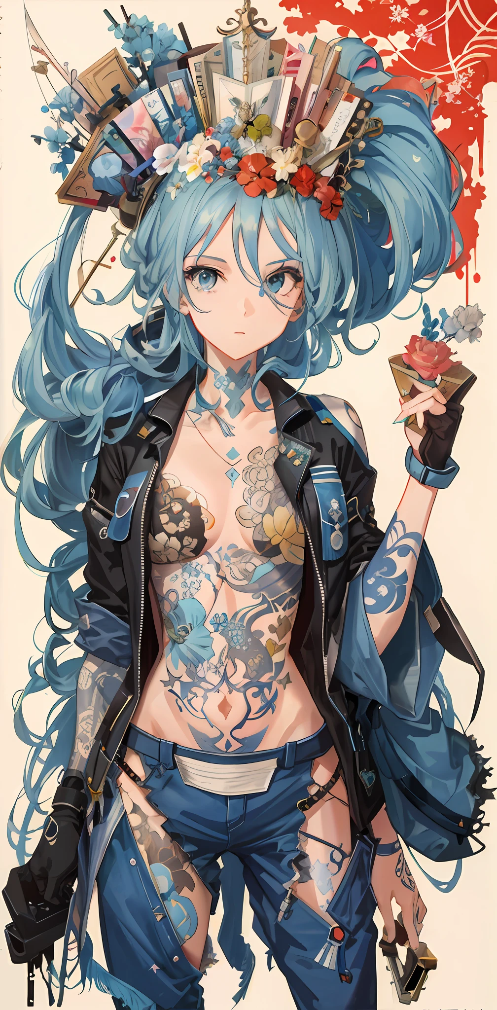 Ultra-high definition 2D art, close-up (1 woman), light blue hair, 2D animation style, soft and delicate depiction, attention also on her full-body tattoos (full-body art), landscape mode, masterpieces by Guweiz and James Jean, tattoo expert designs by CGSCOSITY, etc. A beautiful blue-haired girl who became a hot topic at the trend art station of Japan.