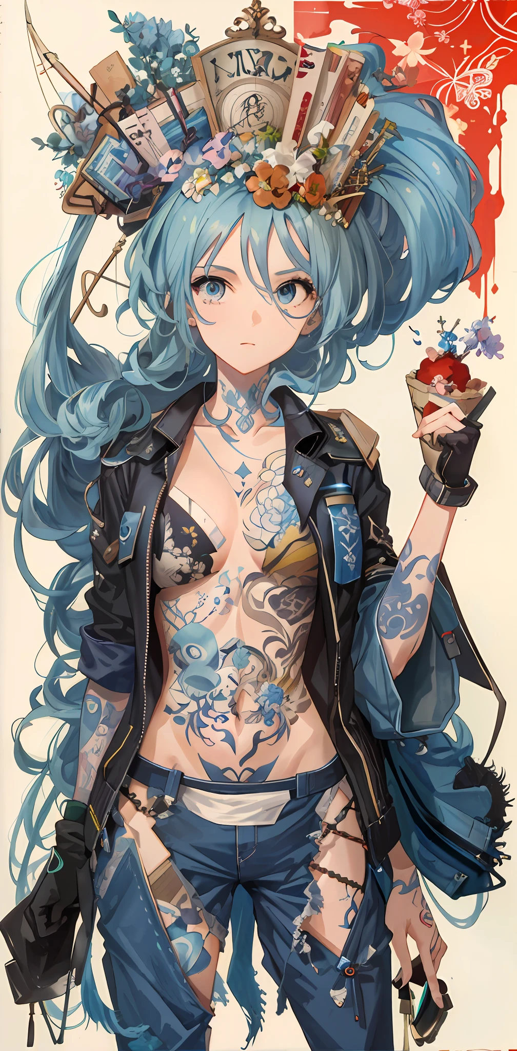 Ultra-high definition 2D art, close-up (1 woman), light blue hair, 2D animation style, soft and delicate depiction, attention also on her full-body tattoos (full-body art), landscape mode, masterpieces by Guweiz and James Jean, tattoo expert designs by CGSCOSITY, etc. A beautiful blue-haired girl who became a hot topic at the trend art station of Japan.