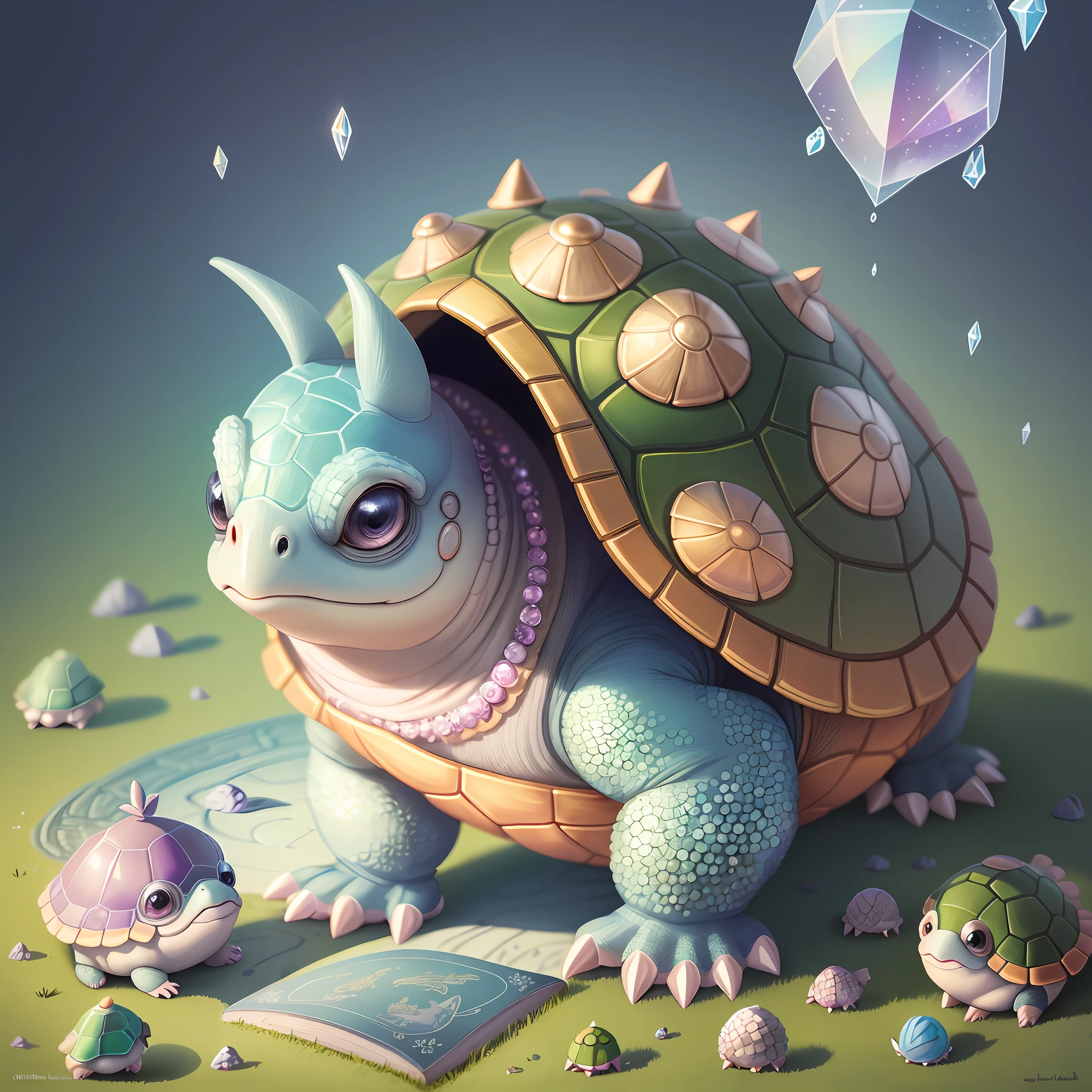 remove the small creatures underneath, children's cartoon children's book illustration turtle with hoof studded in crystals, children's book illustration, children's illustrated storybook, history book design, original book, original story, "portrait of a cartoon animal, magical character, official illustration, cute portrait of a hatchling turtle with the shell studded in crystals,