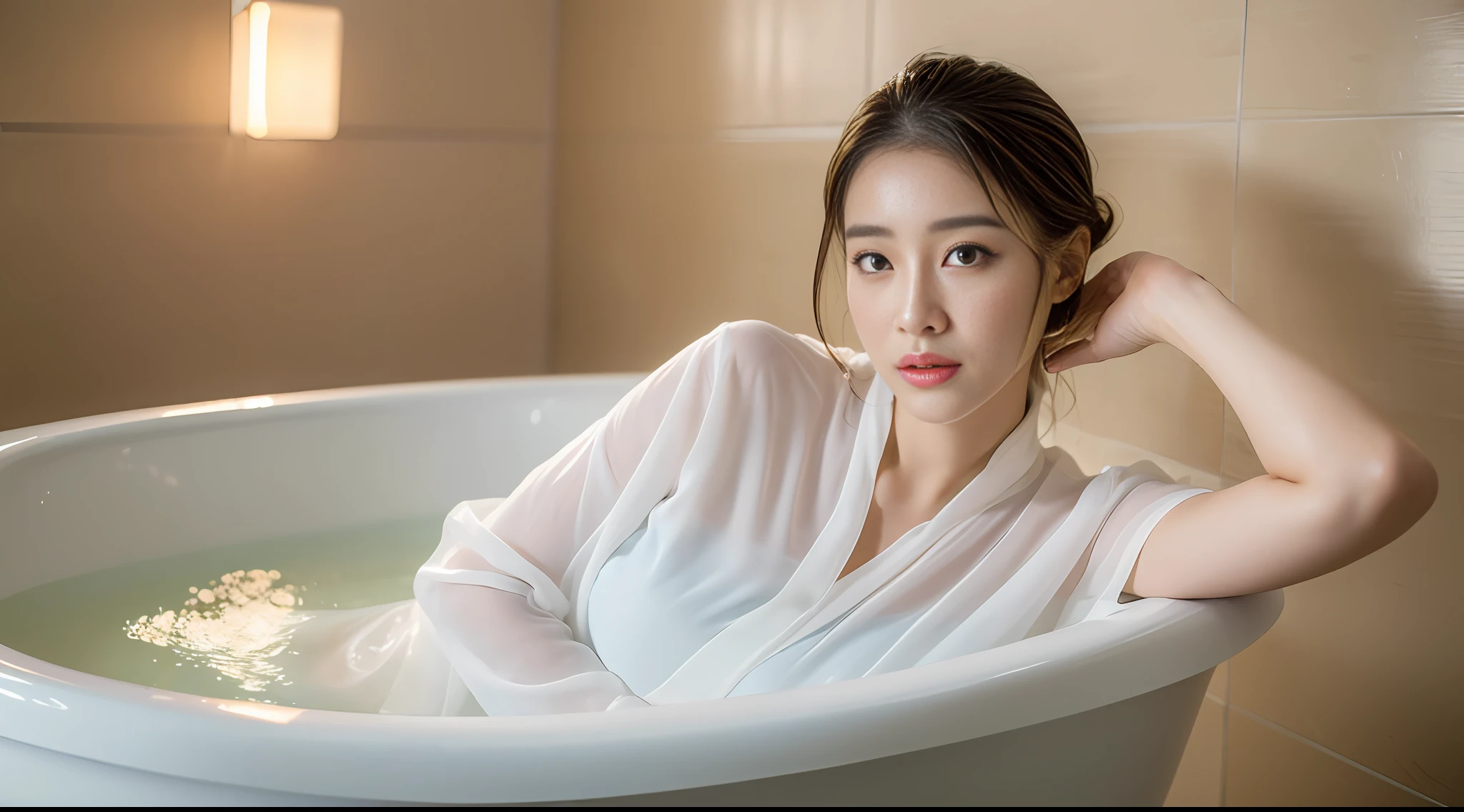 ((Best quality, 8k, Masterpiece :1.3)), 1girl, beautiful woman: 1.3, huge breasts: 1.2, (bathtub, translucent clothes: 1.1), ultra-delicate face, double eyelids, whitening delicate skin, wet