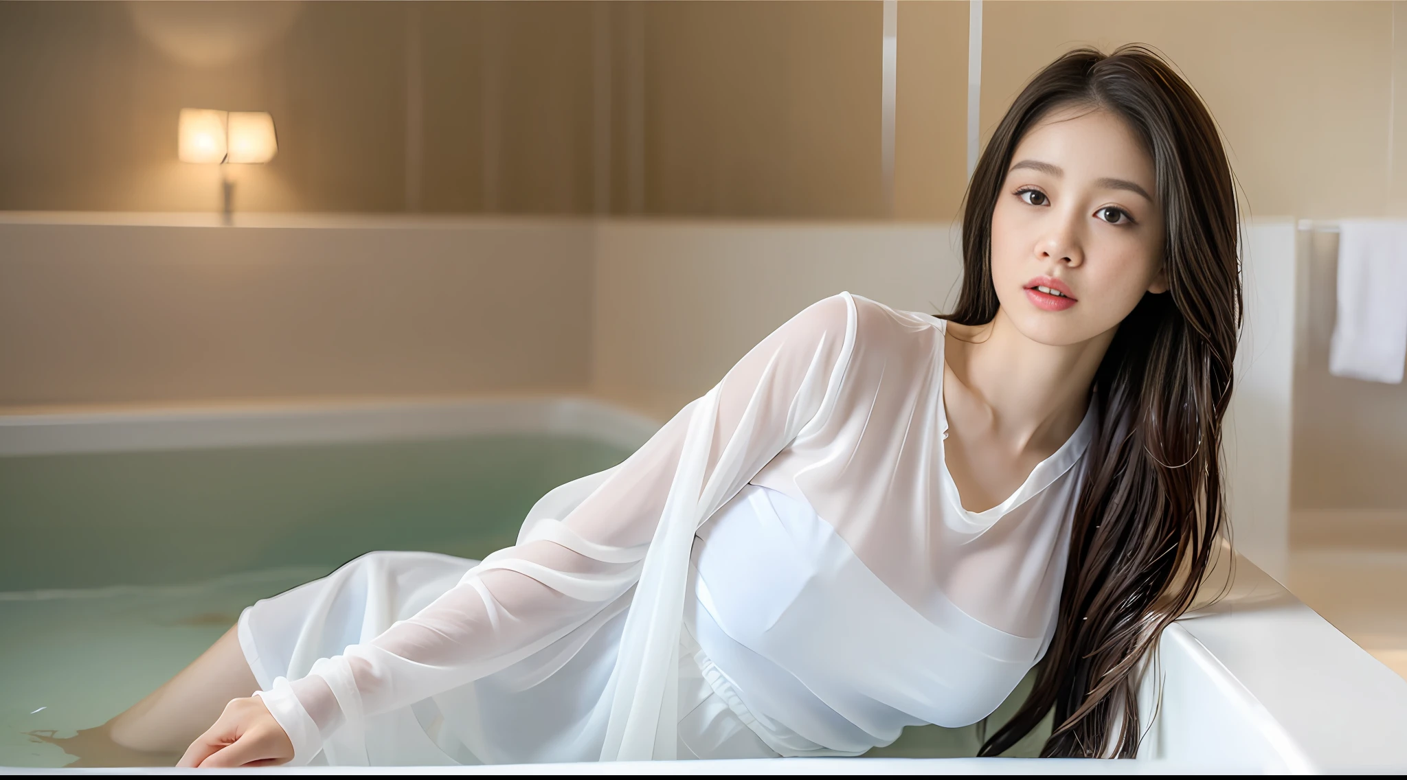((Best quality, 8k, Masterpiece :1.3)), 1girl, beautiful woman: 1.3, huge breasts: 1.2, (bathtub, translucent clothes: 1.1), ultra-delicate face, double eyelids, whitening delicate skin, wet