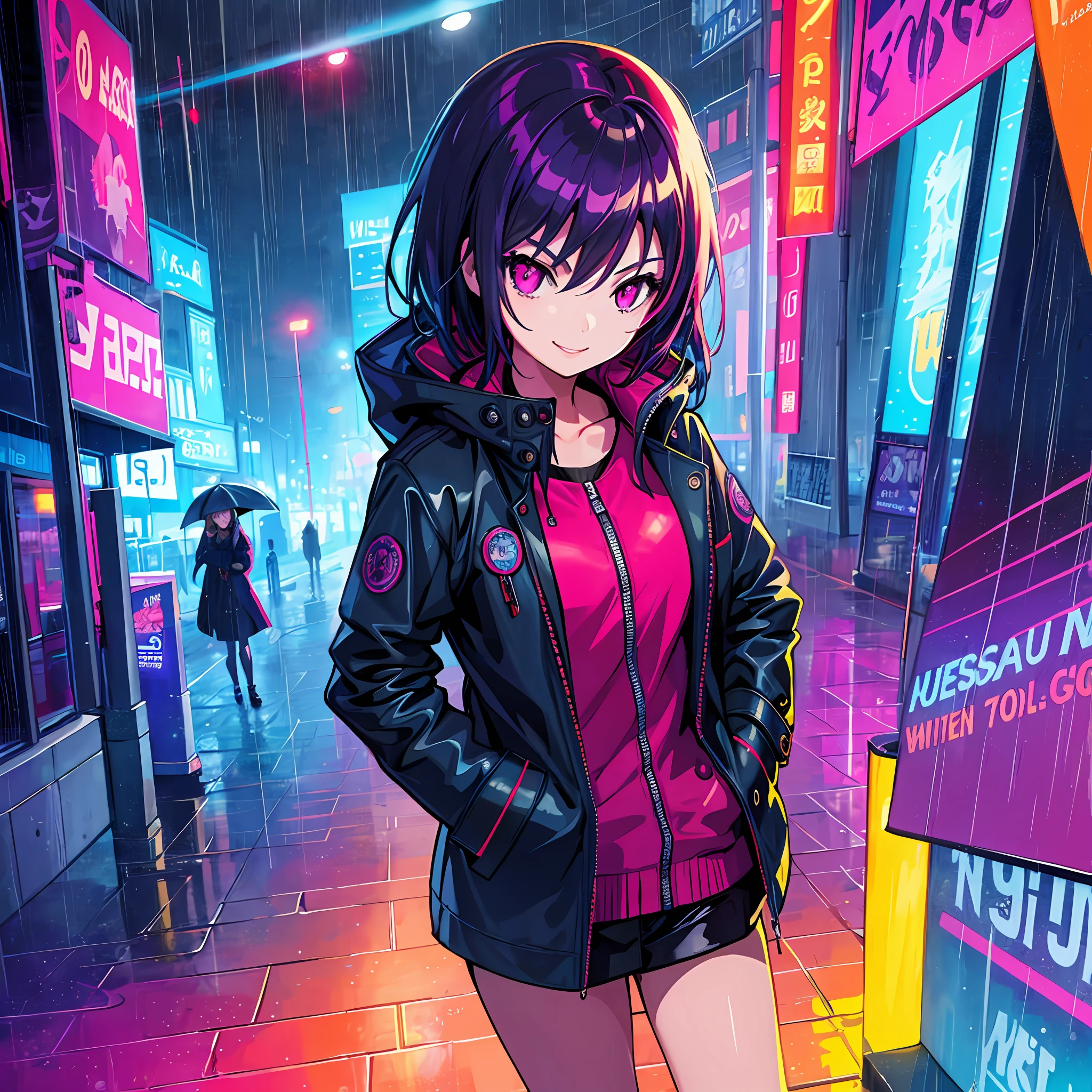 1girl,night city,rain,coat,hands in pockets, smiling, dangerous, serious eye's, vibrant colors, highest quality digital art, Stunning art, wallpaper 4k